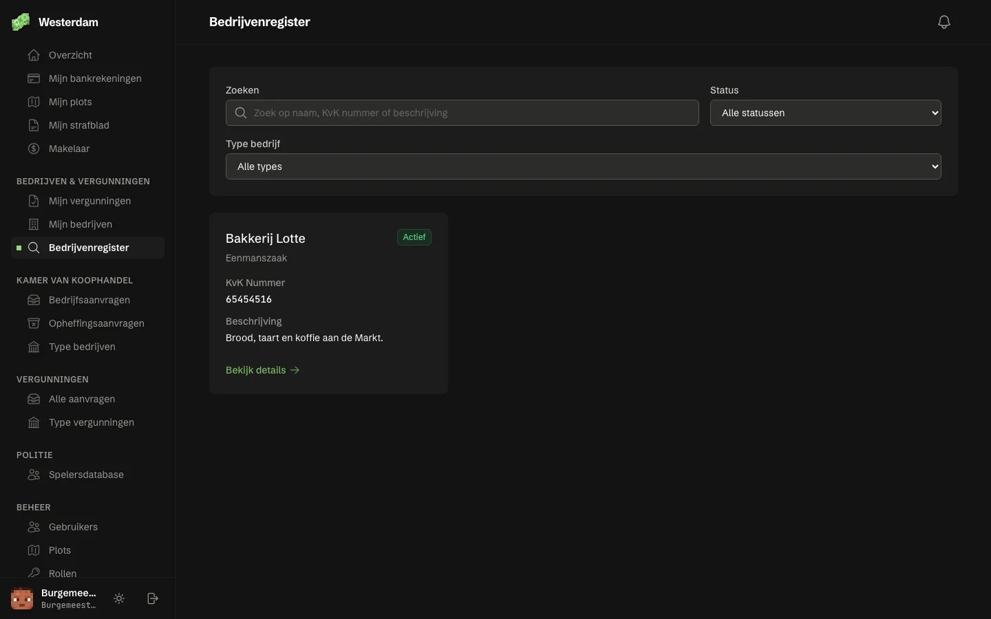 Het bedrijvenregister met zoeken op naam, KvK-nummer of beschrijving, filters op status en type, en een bedrijf met zijn KvK-nummer