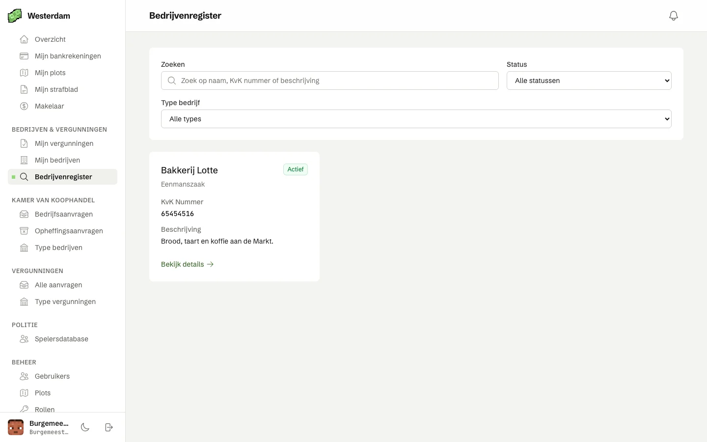 Het bedrijvenregister met zoeken op naam, KvK-nummer of beschrijving, filters op status en type, en een bedrijf met zijn KvK-nummer