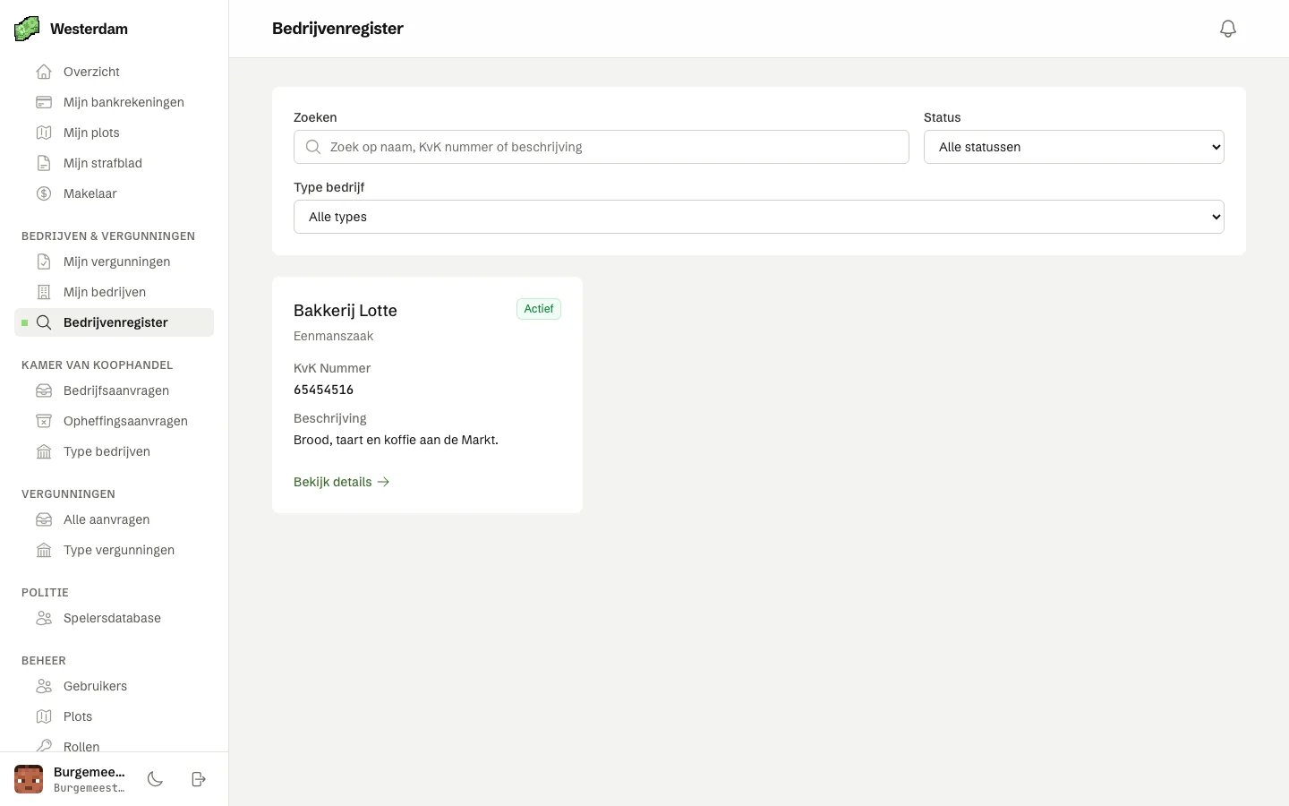 Het bedrijvenregister met zoeken op naam, KvK-nummer of beschrijving, filters op status en type, en een bedrijf met zijn KvK-nummer