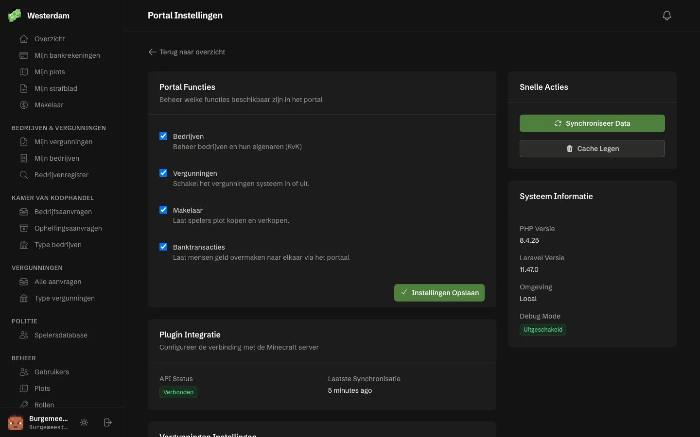 De instellingen voor beheerders met vinkjes voor Bedrijven, Vergunningen, Makelaar en Banktransacties, en de status van de verbinding met de plugin