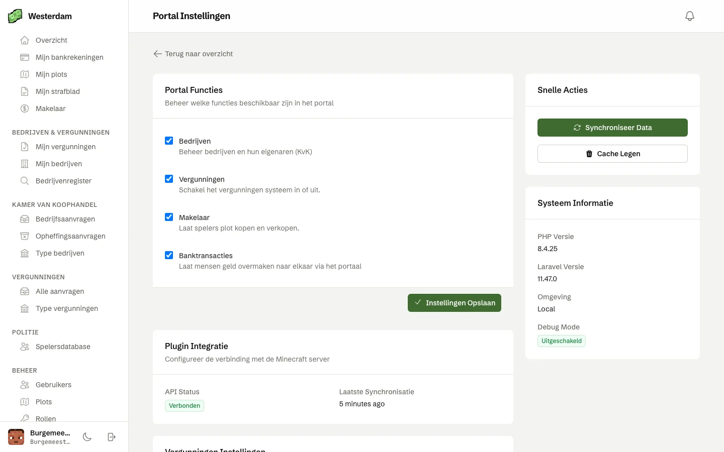 De instellingen voor beheerders met vinkjes voor Bedrijven, Vergunningen, Makelaar en Banktransacties, en de status van de verbinding met de plugin