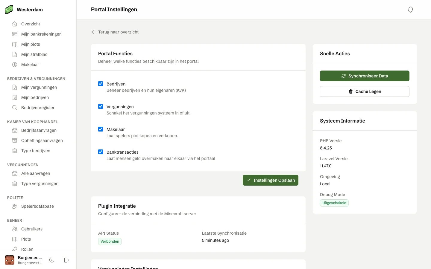 De instellingen voor beheerders met vinkjes voor Bedrijven, Vergunningen, Makelaar en Banktransacties, en de status van de verbinding met de plugin