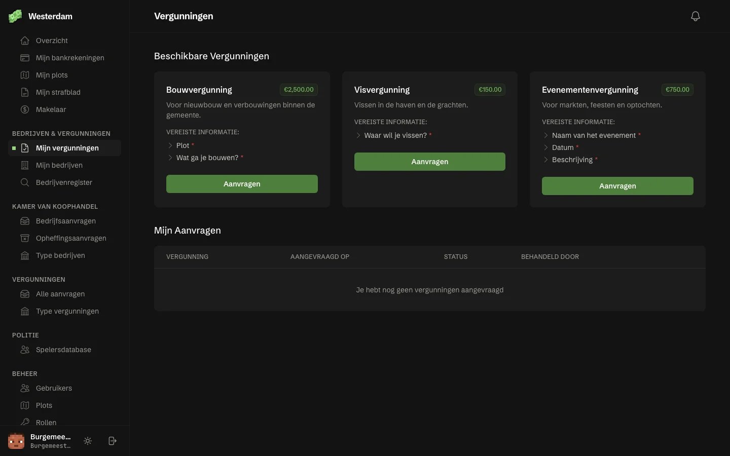 De pagina Vergunningen met drie vergunningen om aan te vragen, elk met prijs en vereiste informatie, en daaronder je eigen aanvragen