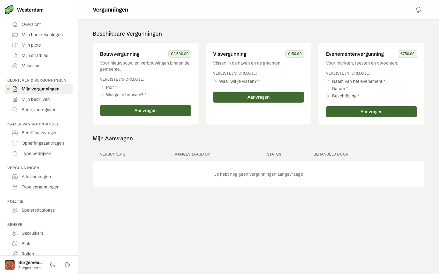 De pagina Vergunningen met drie vergunningen om aan te vragen, elk met prijs en vereiste informatie, en daaronder je eigen aanvragen