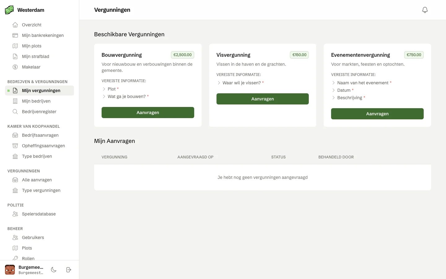 De pagina Vergunningen met drie vergunningen om aan te vragen, elk met prijs en vereiste informatie, en daaronder je eigen aanvragen