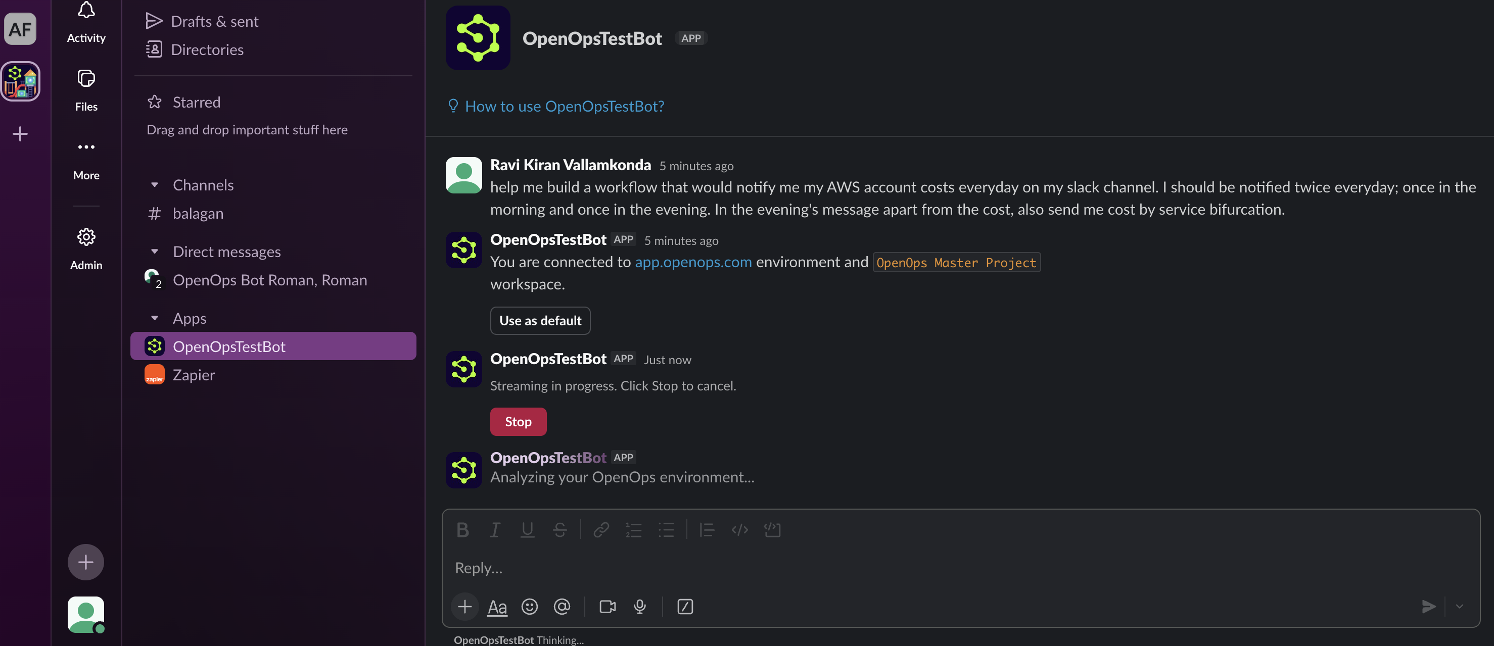 Using the OpenOps app in Slack