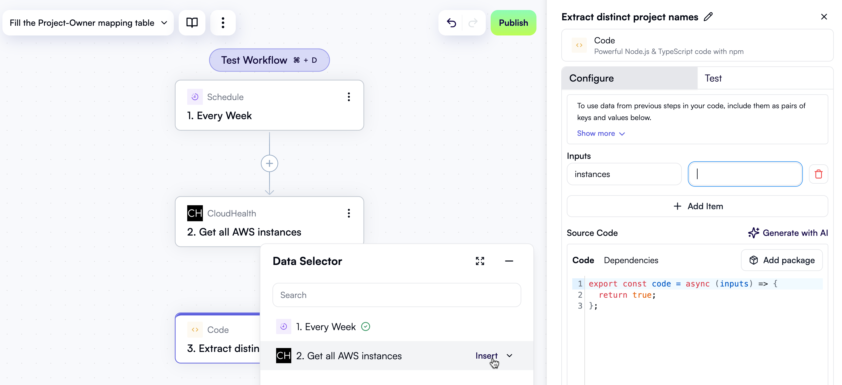 Selecting an input for a code action