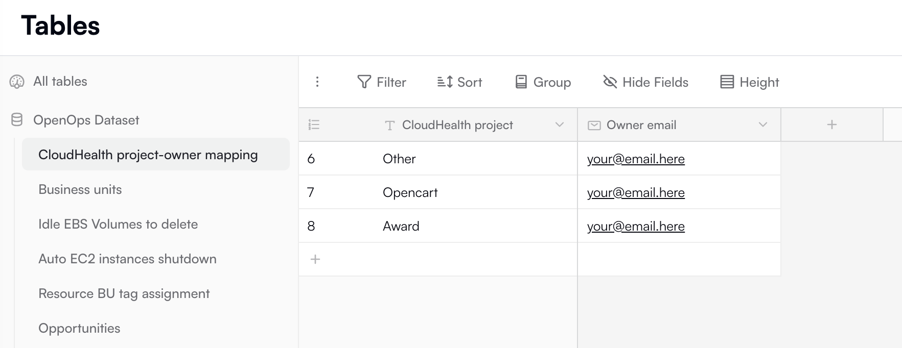 Project-owner mapping table