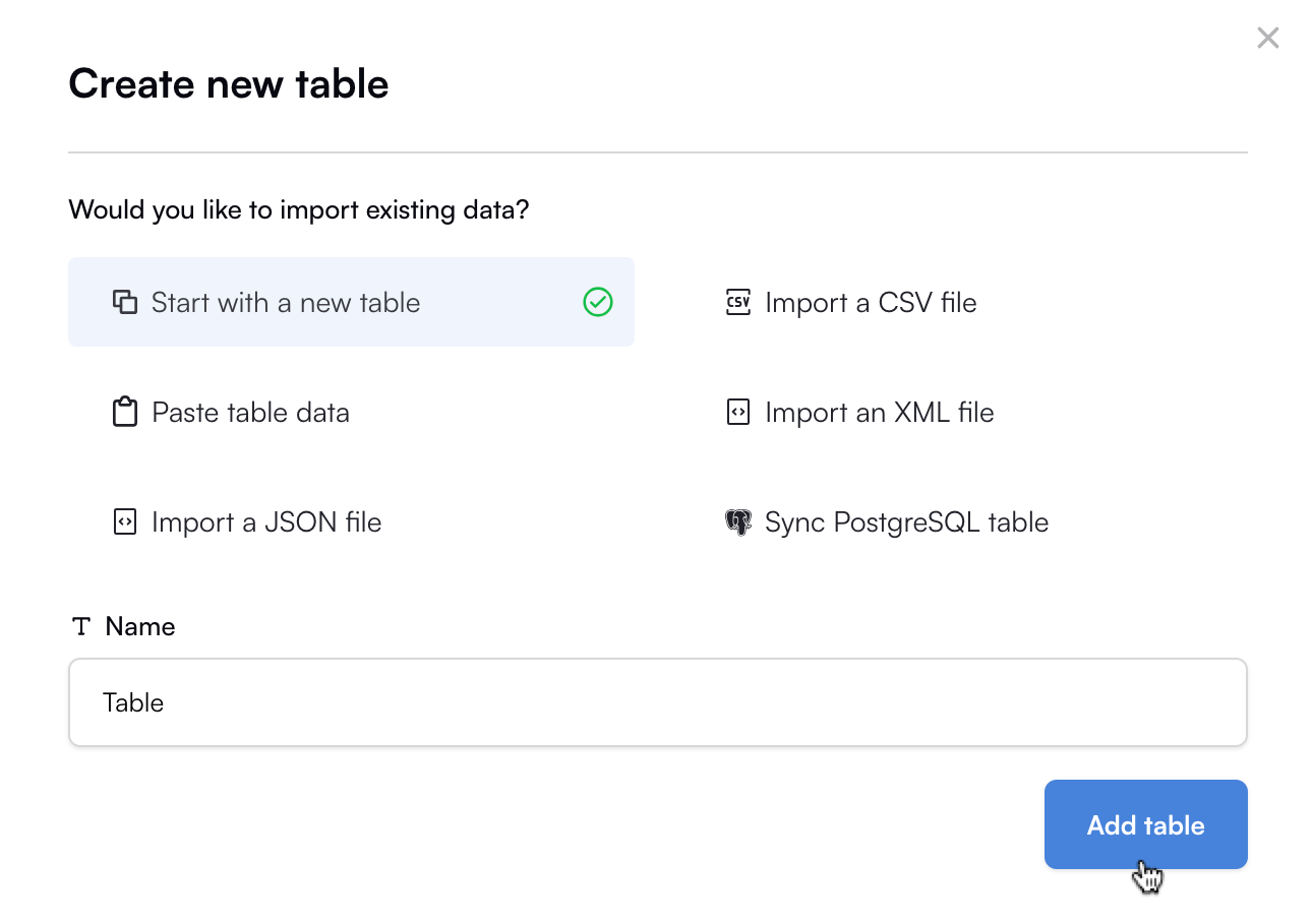 Create new table popup