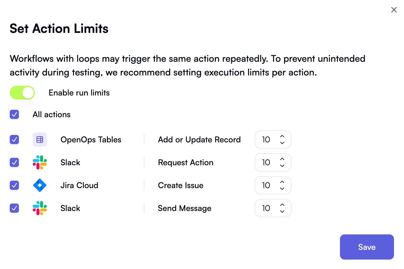 Set Action Limits dialog