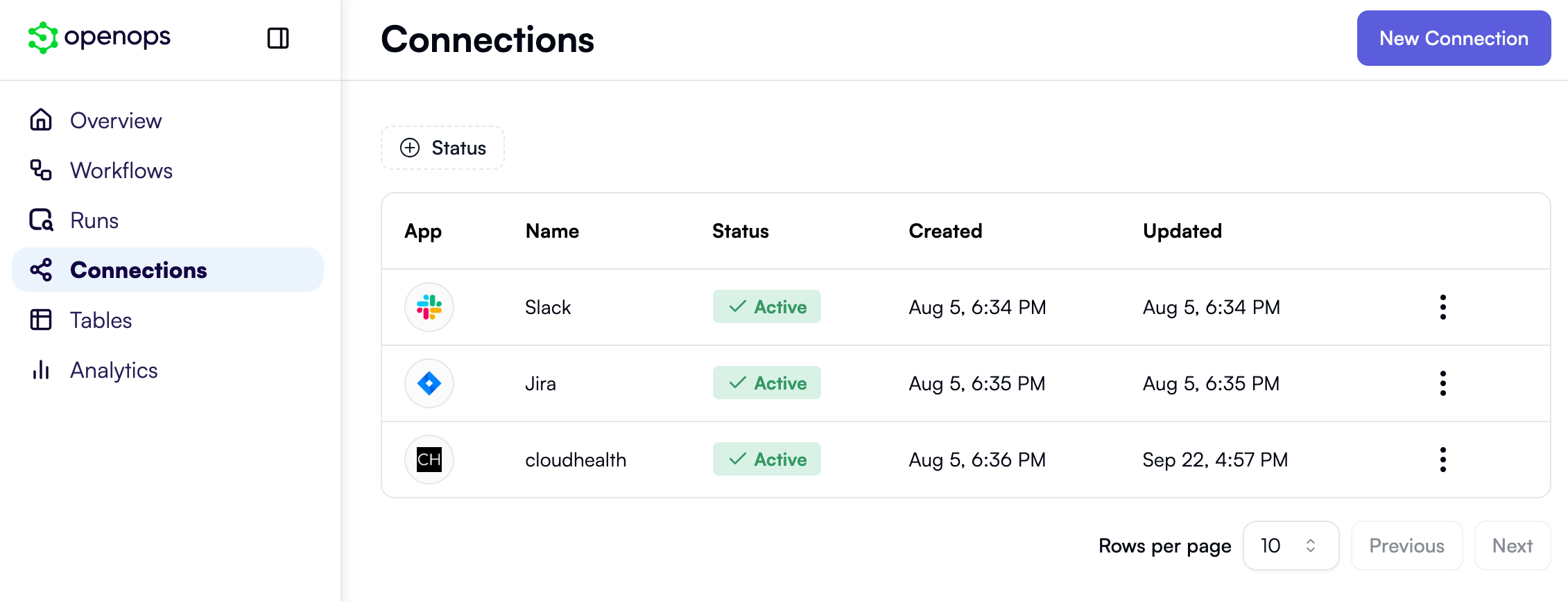 A list of connections in OpenOps