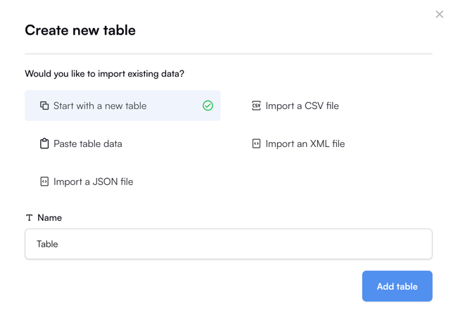 Create new table popup