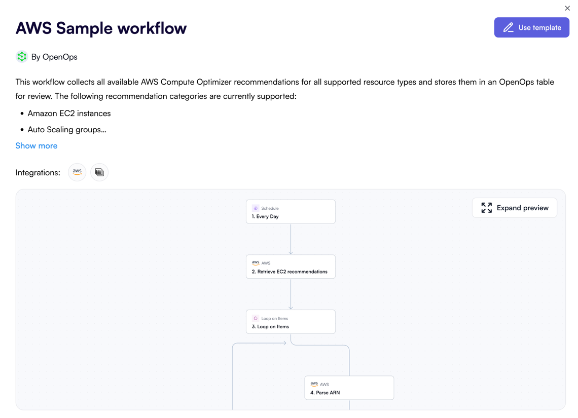 AWS sample workflow - use template
