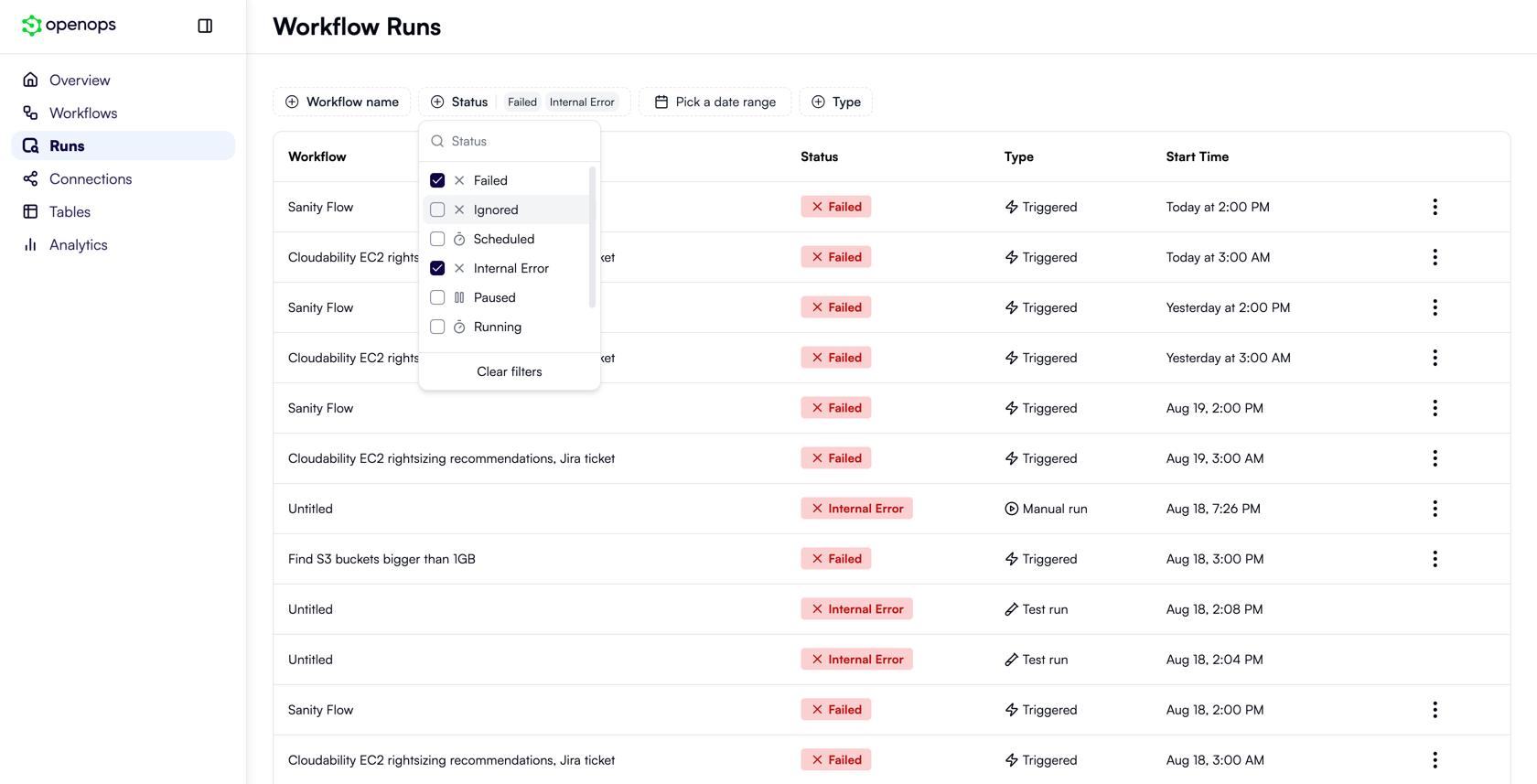 Workflow runs with filters applied