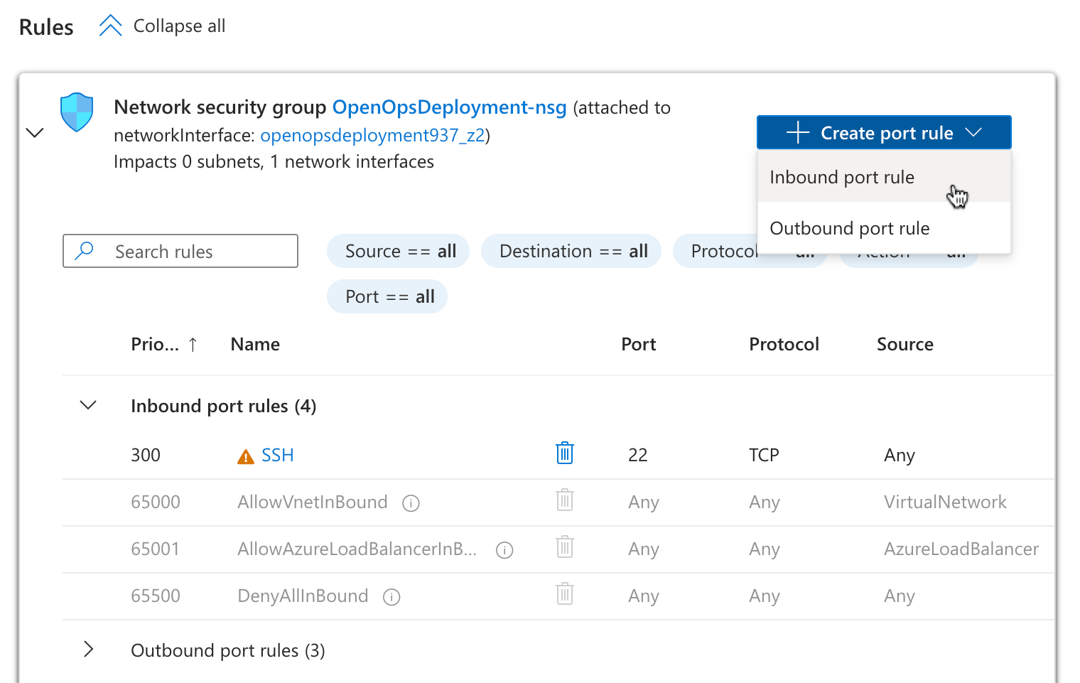 Creating a port rule