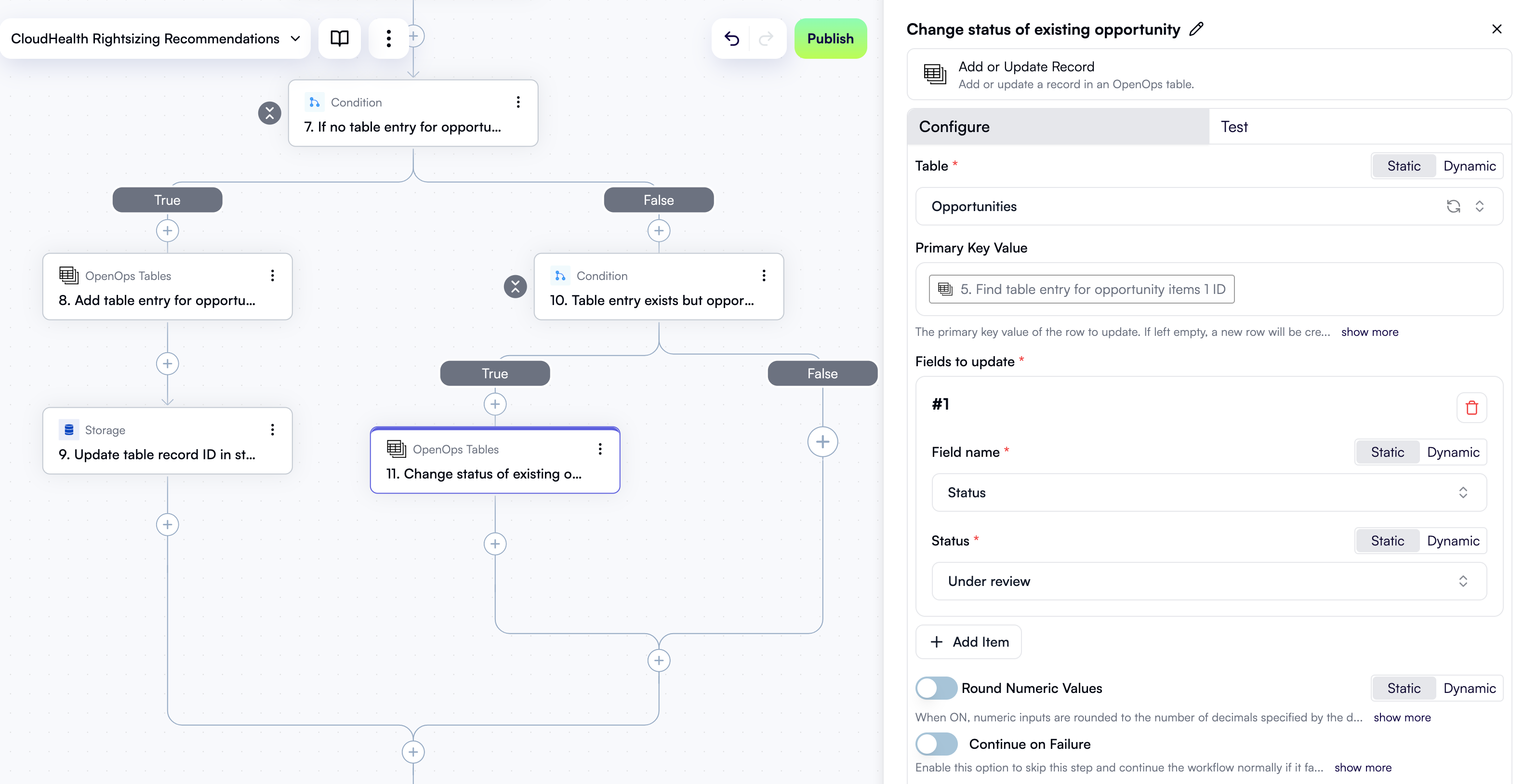 A configured step to update record status