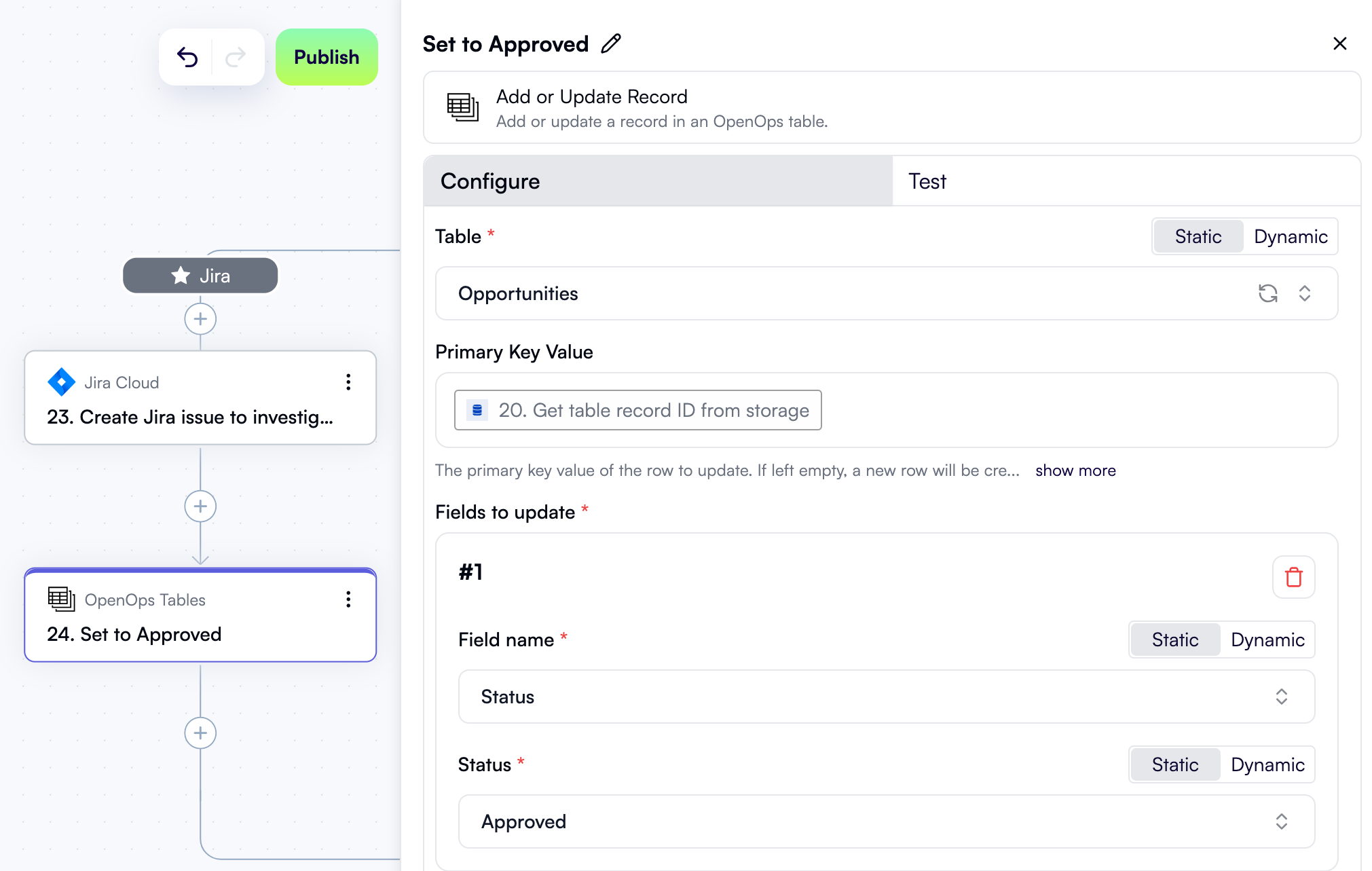 A configured step to set the recommendation status to Approved