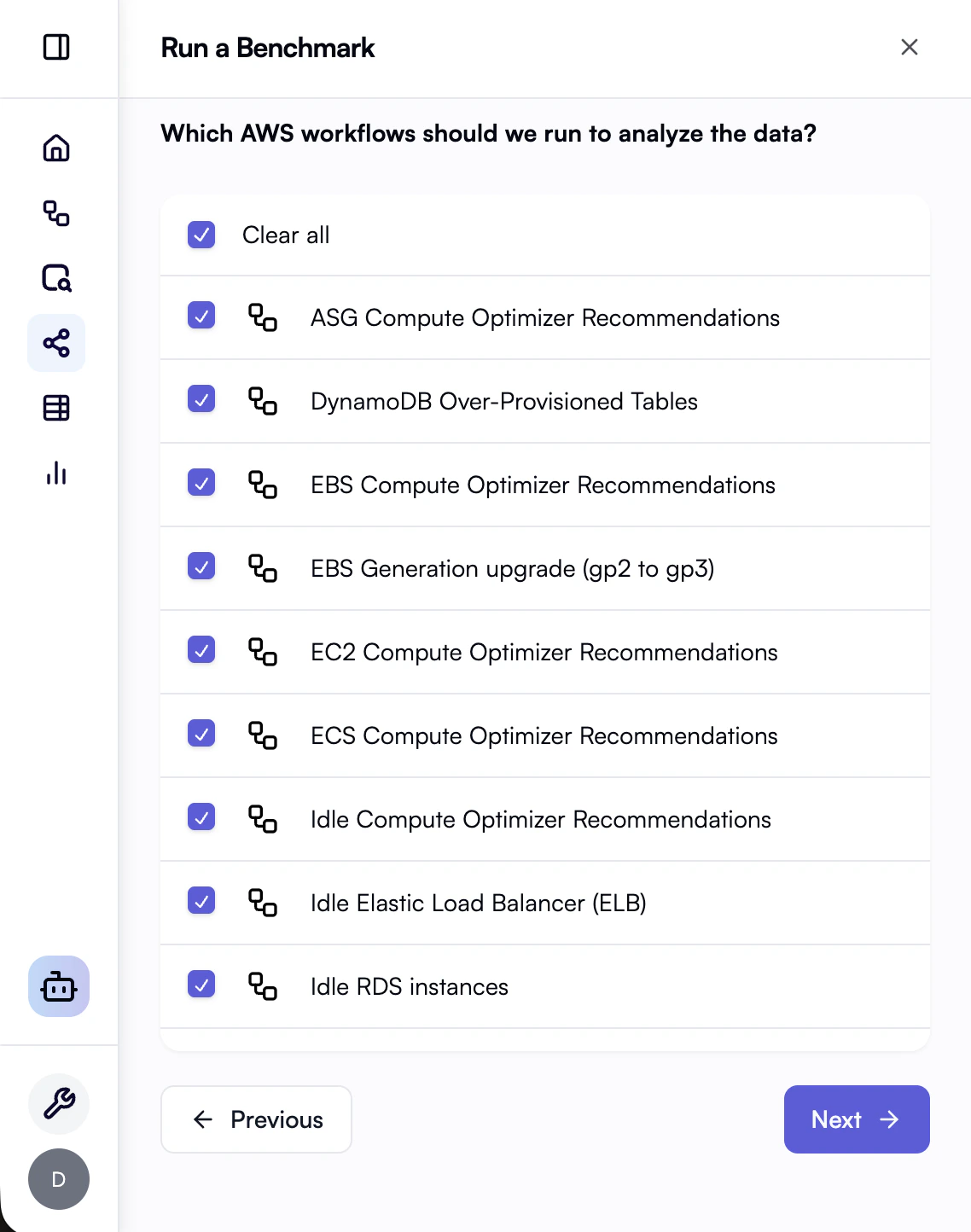 Benchmark wizard — select workflows