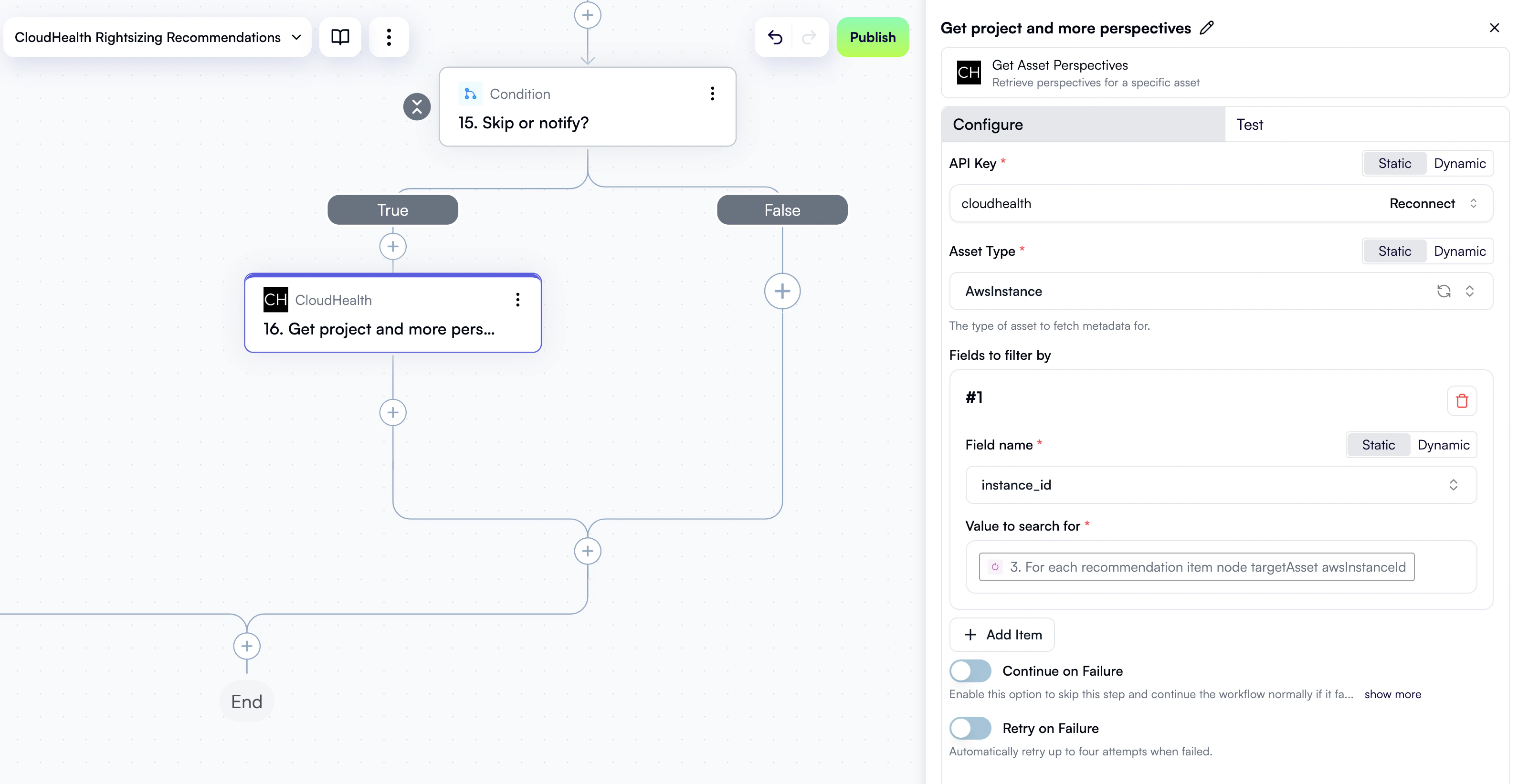 A configured step to get asset perspectives from CloudHealth