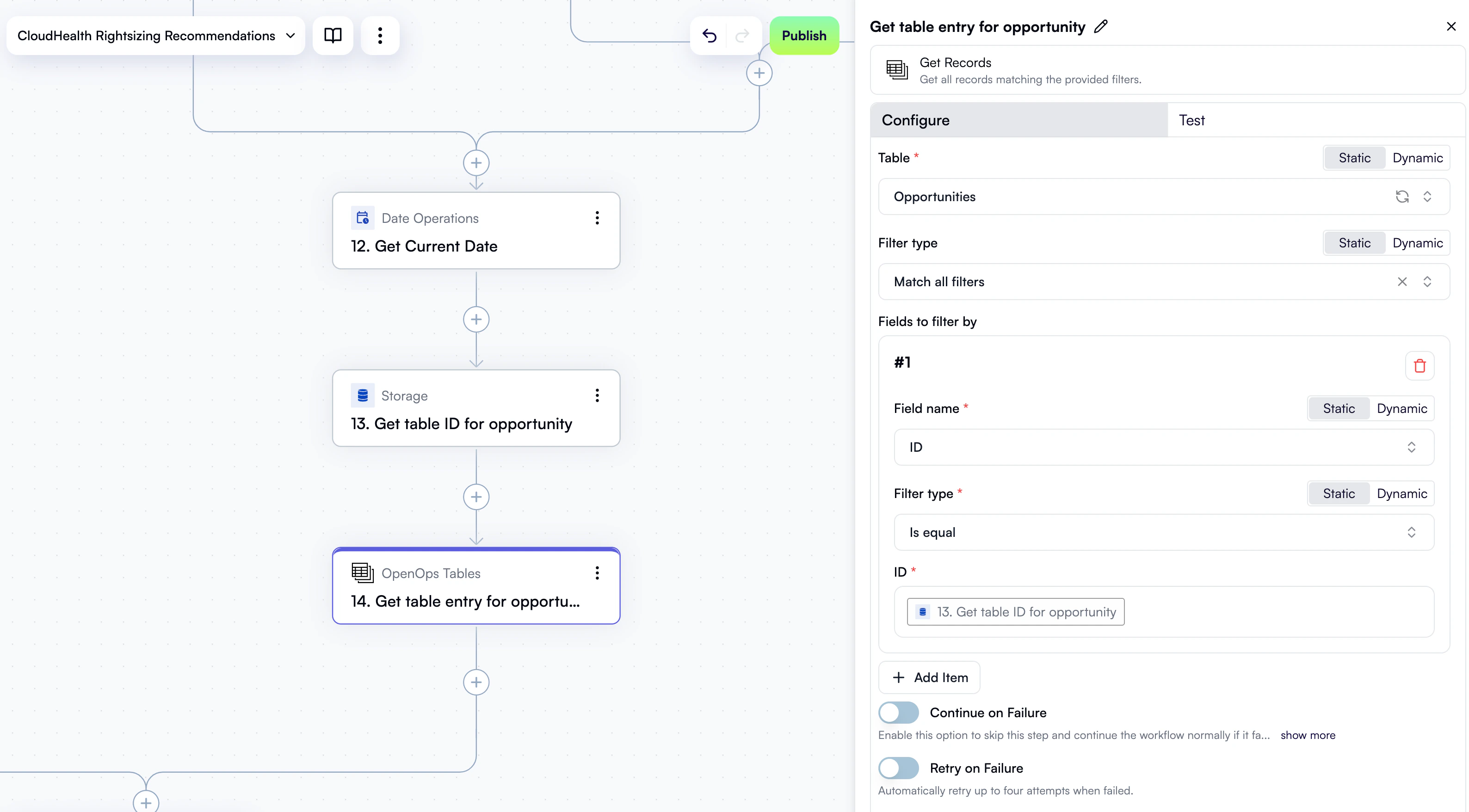 A configured step to read a table record