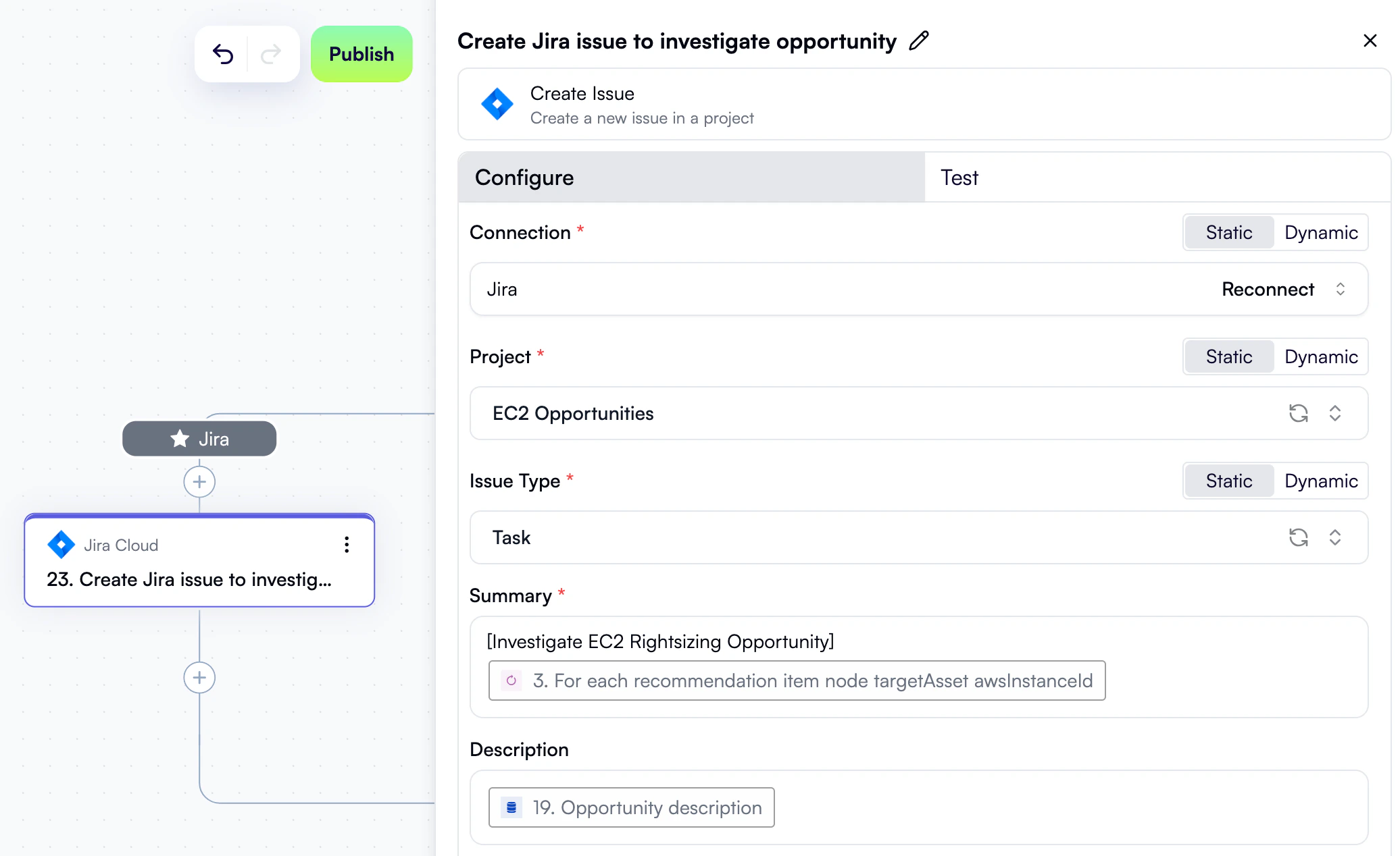 A configured step to create a Jira issue