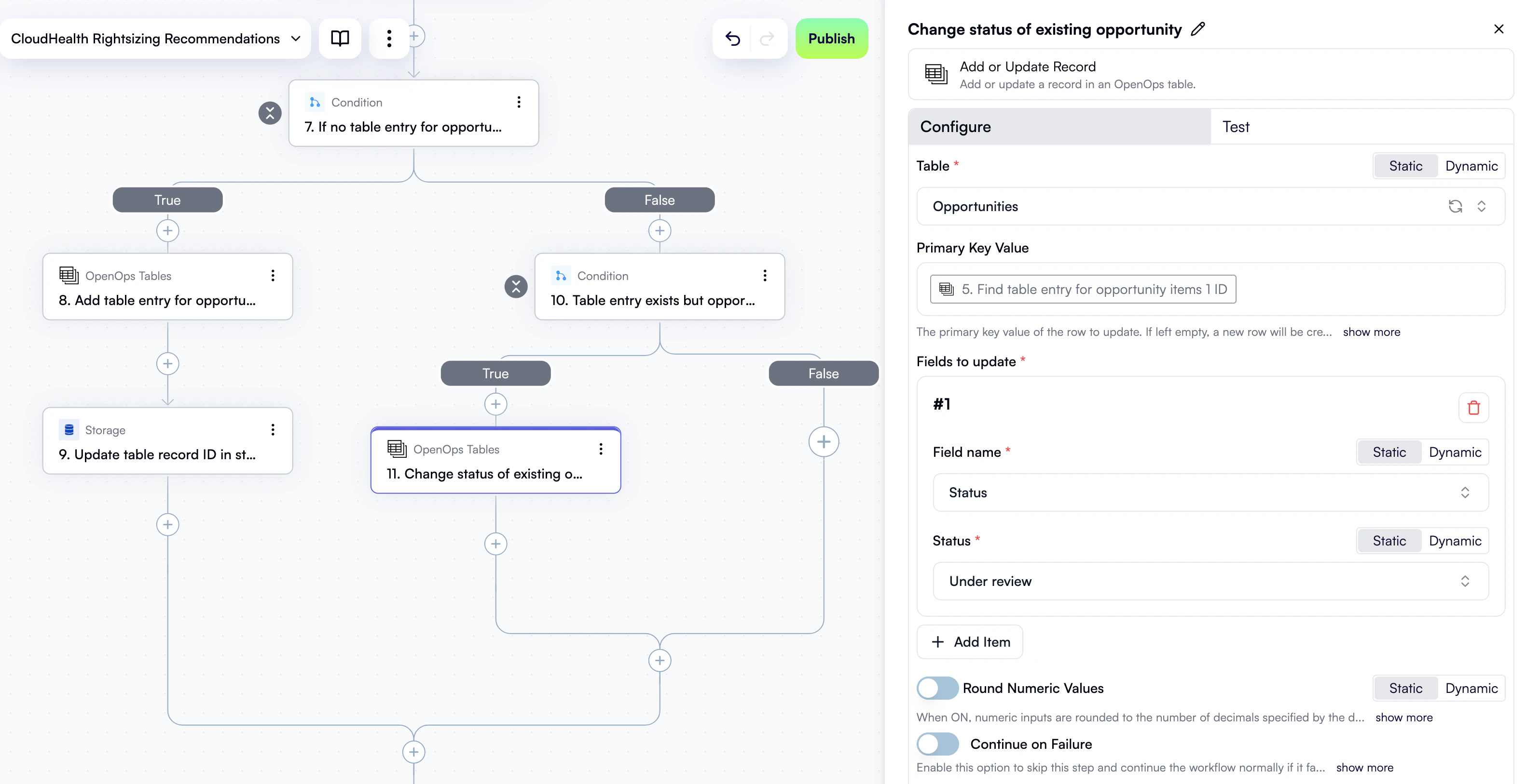 A configured step to update record status