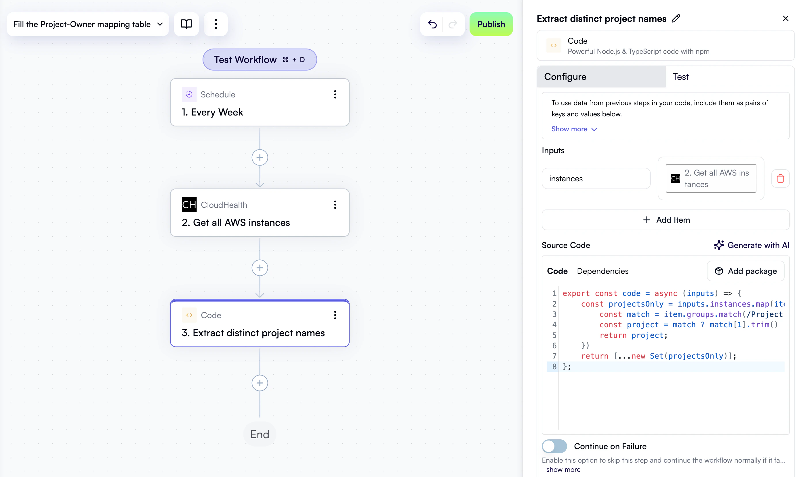 A configured custom code step