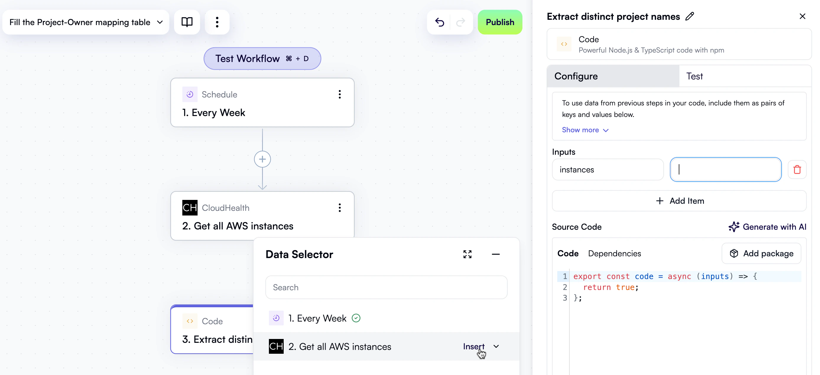 Selecting an input for a code action