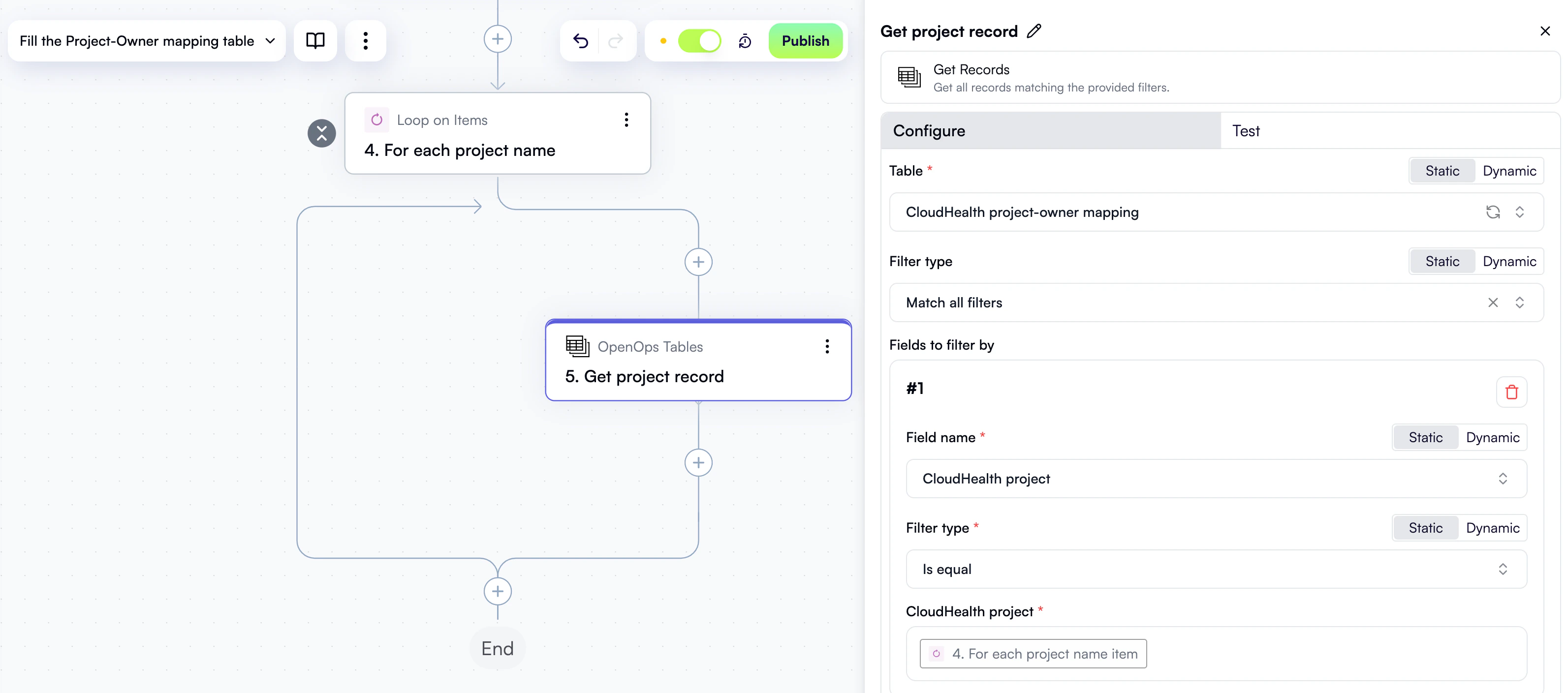 A configured step to search the table for a project name