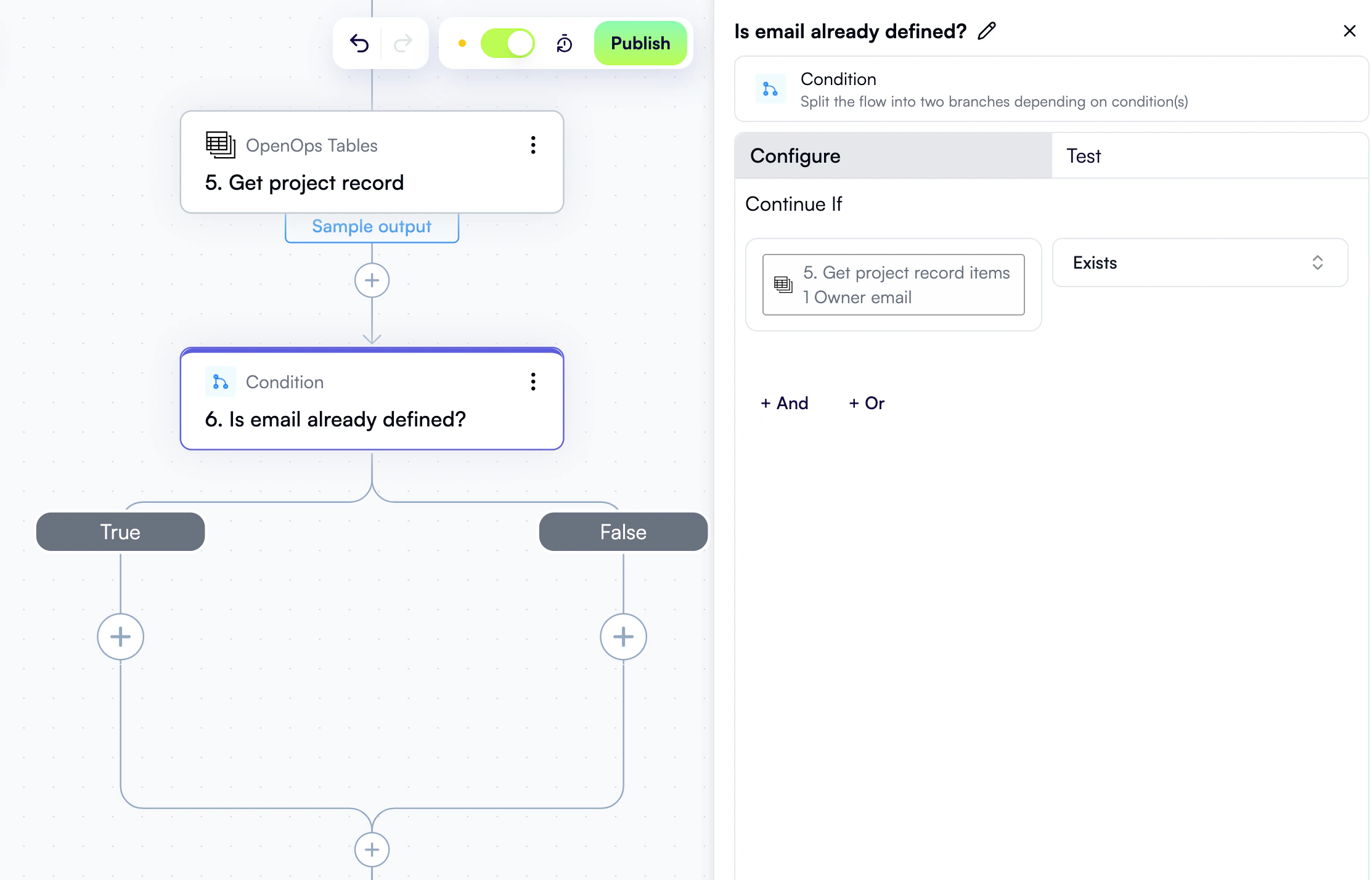 A configured step to determine if an email is already defined