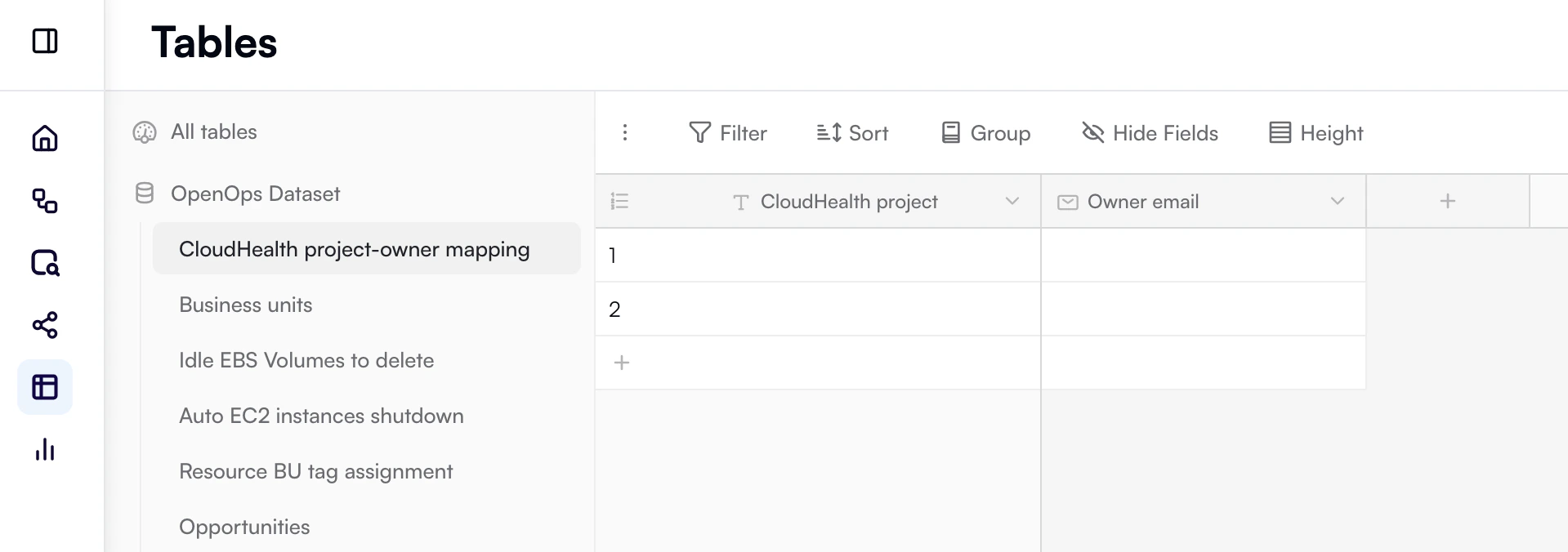A ready-to-use project-owner mapping table