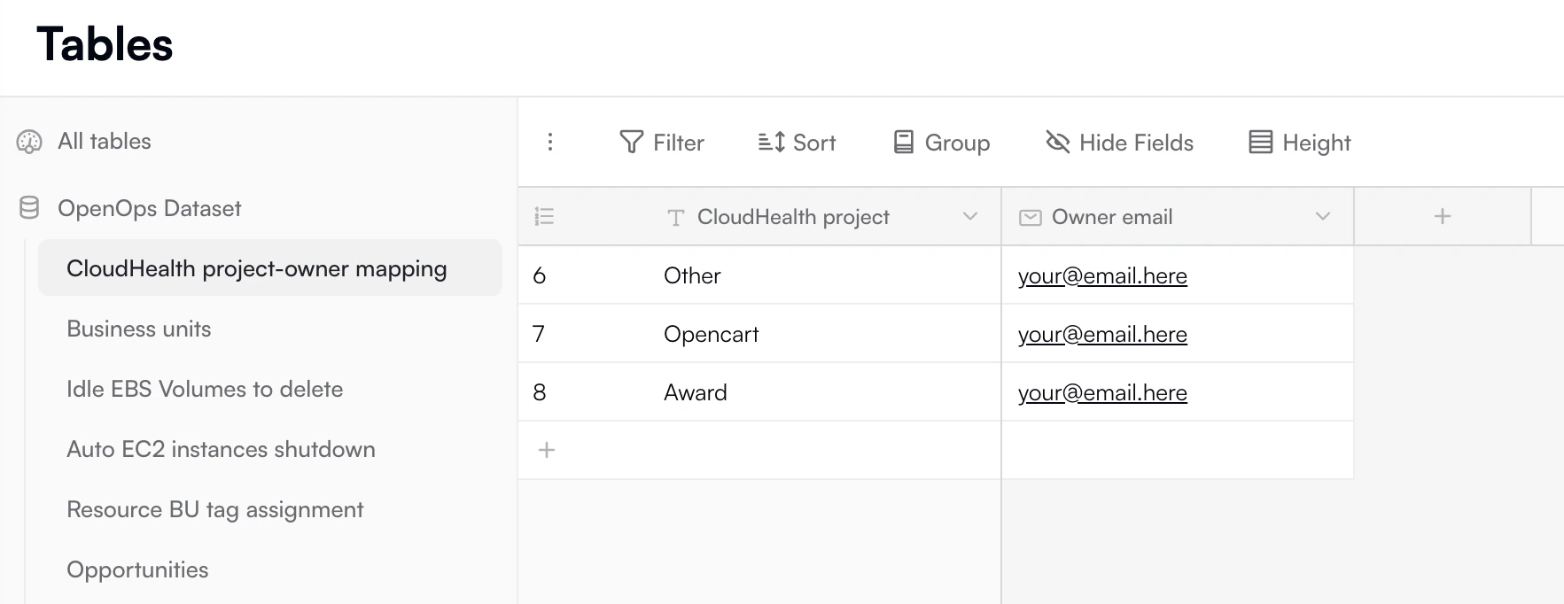 Project-owner mapping table