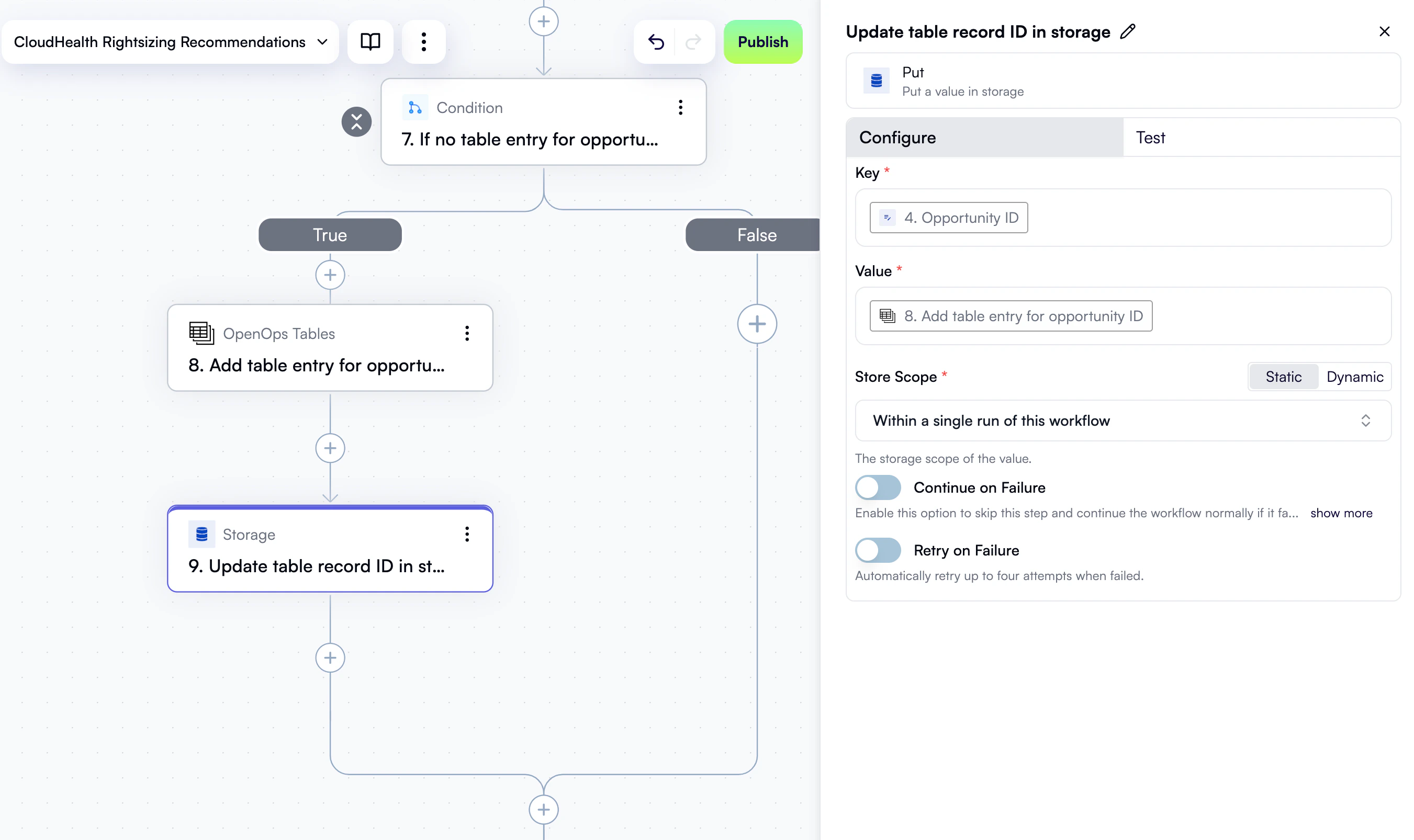 A configured step to update storage with table entry ID