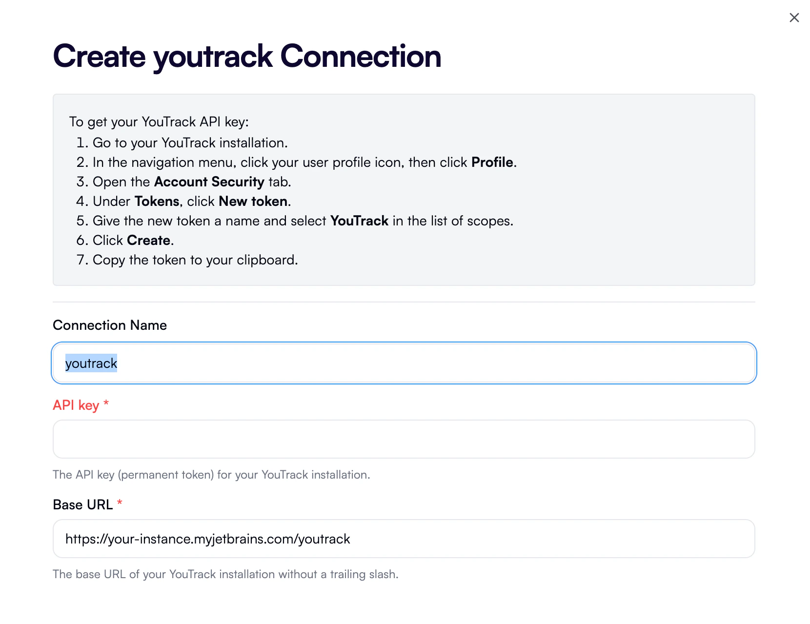 A YouTrack connection dialog