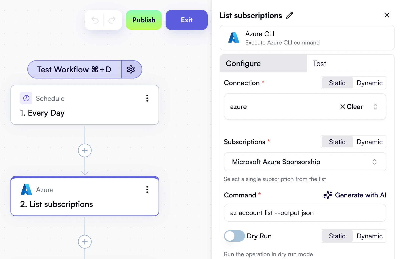 An Azure CLI action to get the list of subscriptions
