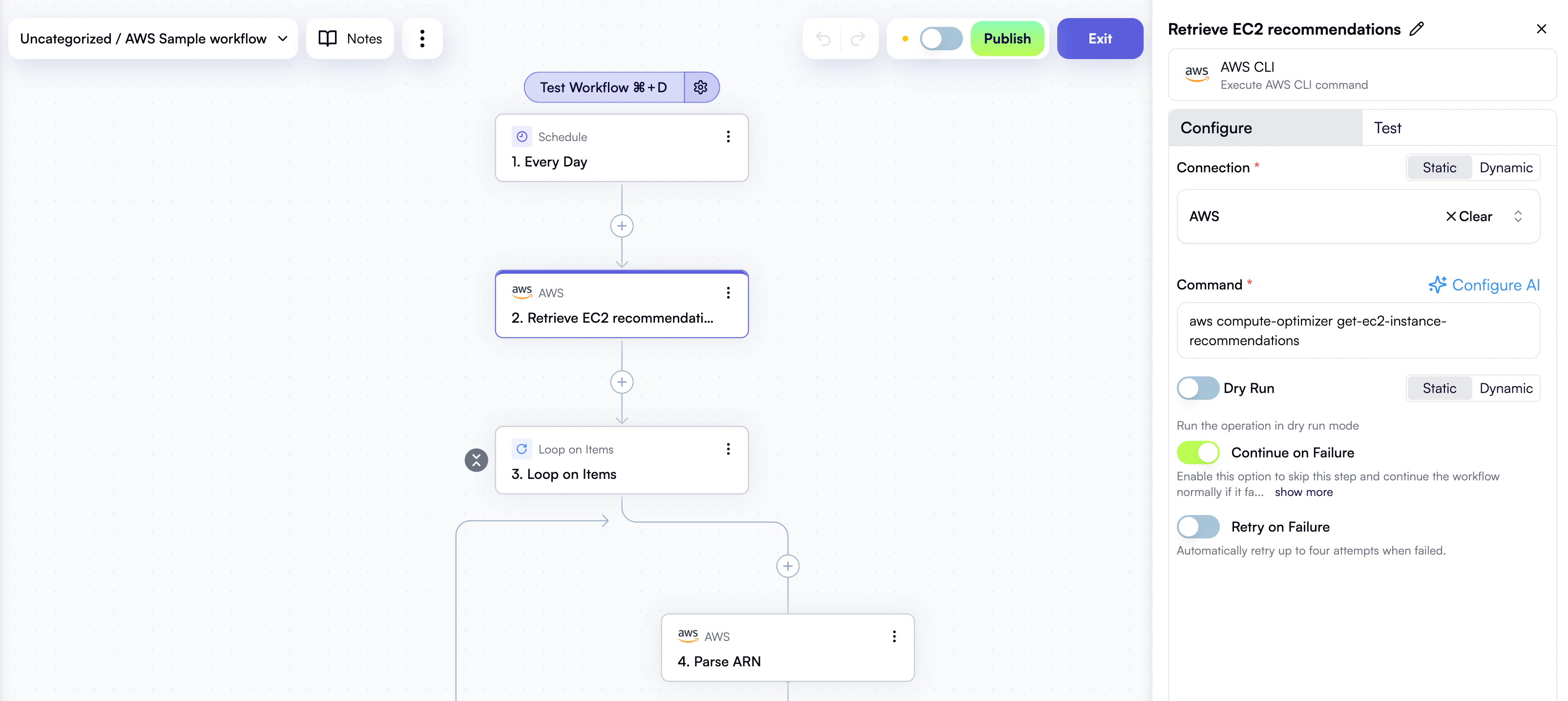 Step properties in the workflow editor