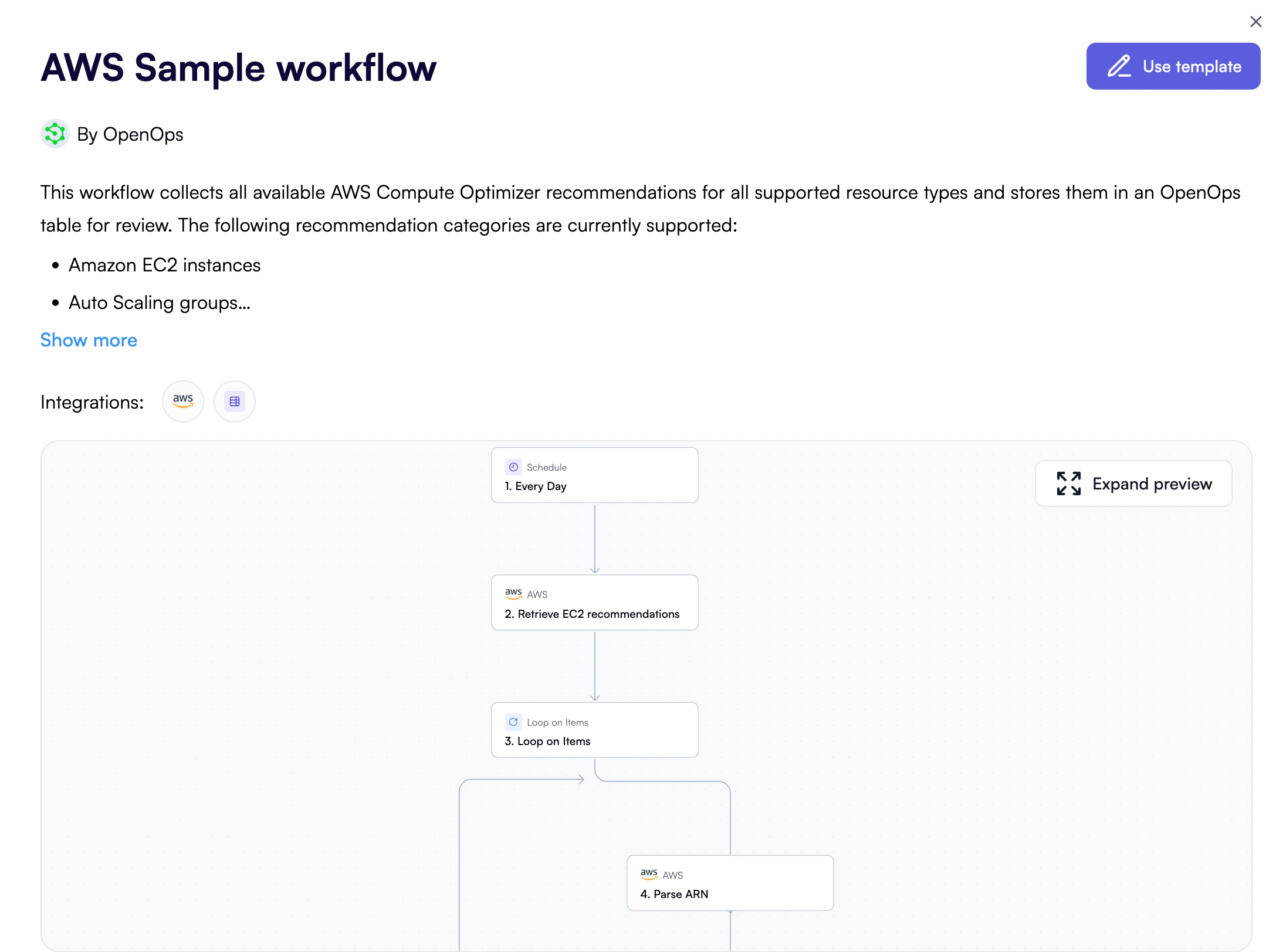 AWS sample workflow - use template