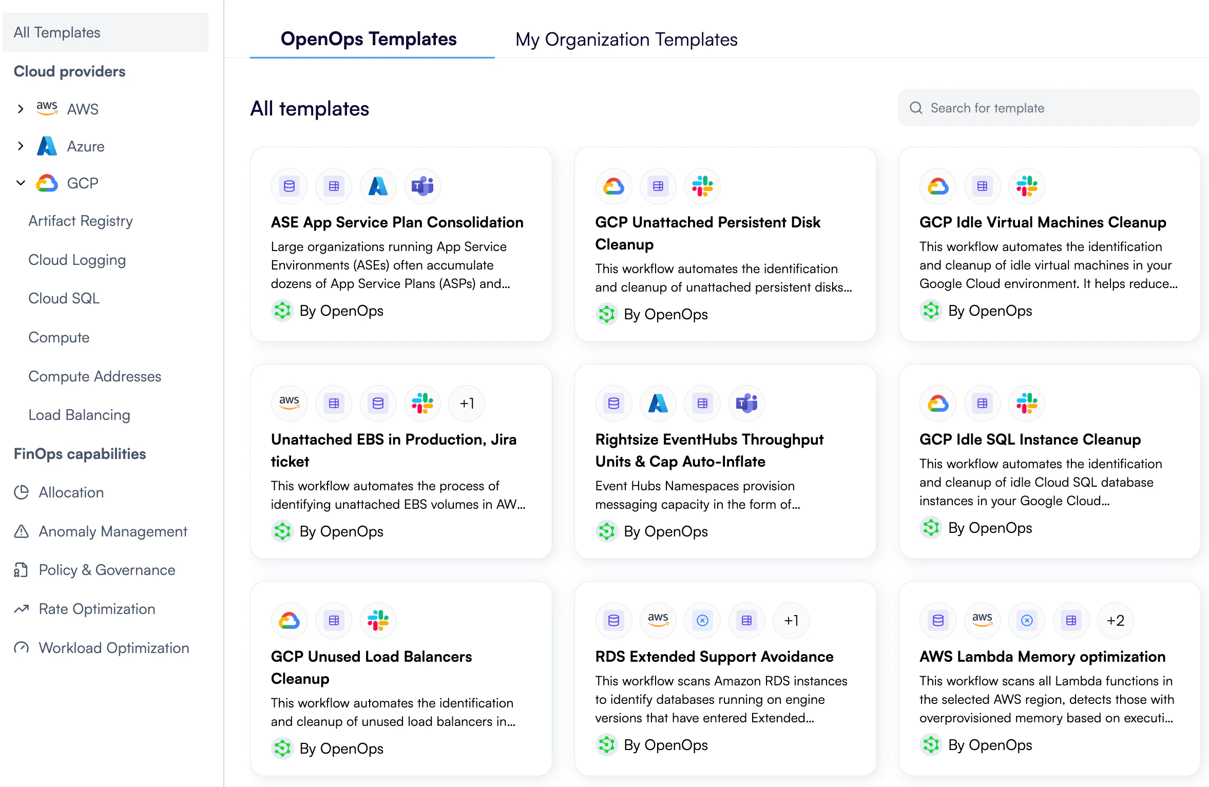 OpenOps template catalog after signing up with OpenOps Cloud
