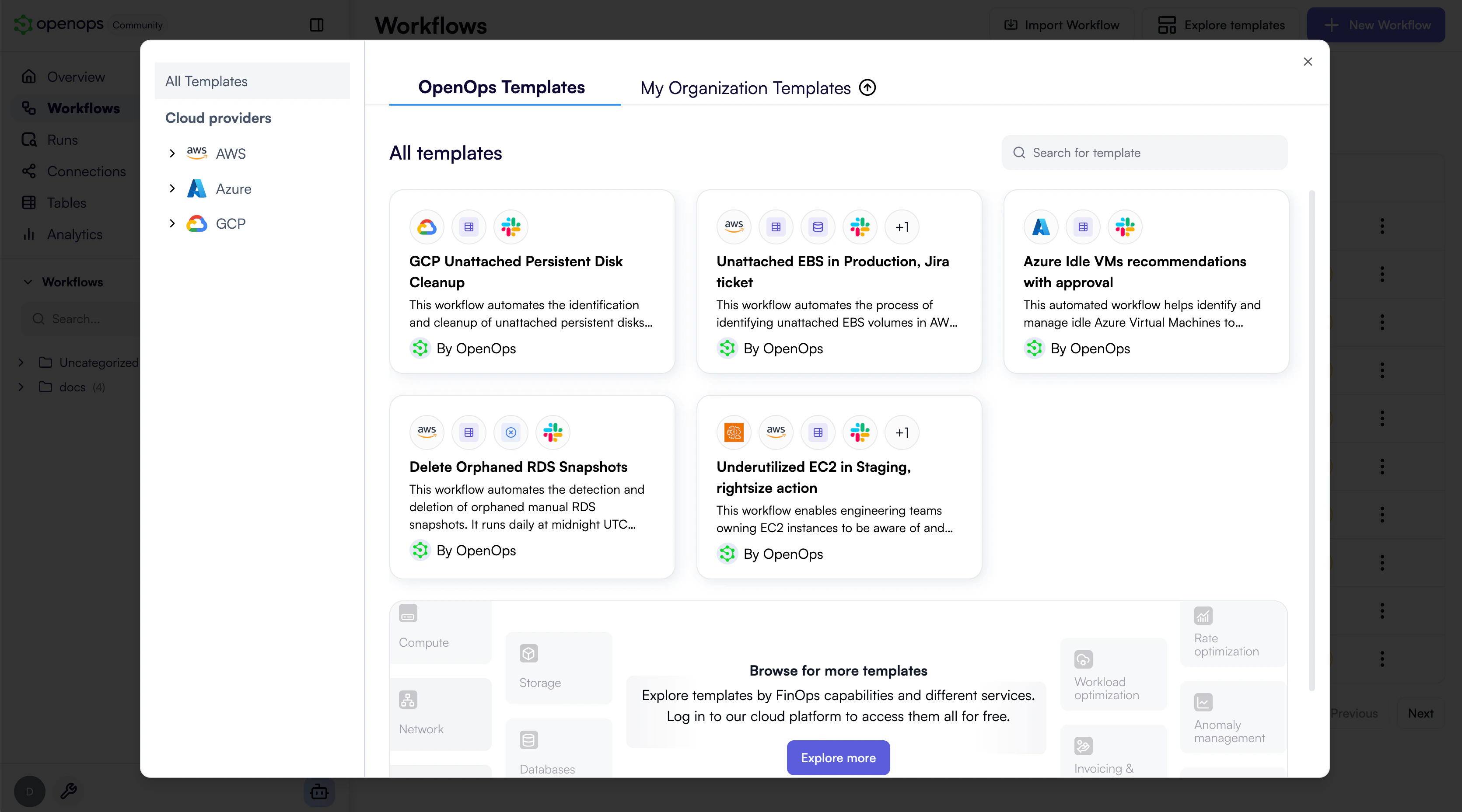 OpenOps template catalog before signing up with OpenOps Cloud