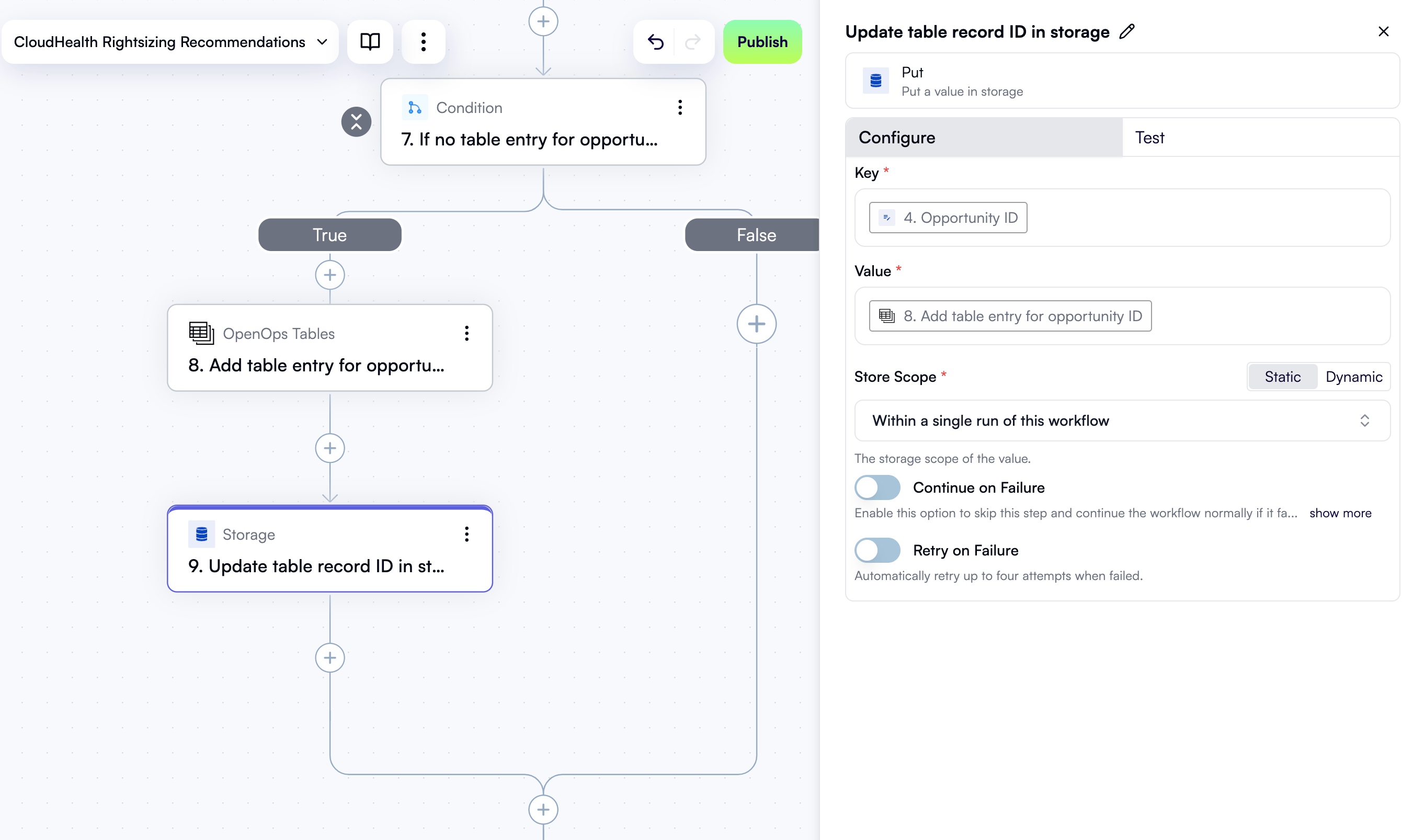 A configured step to update storage with table entry ID
