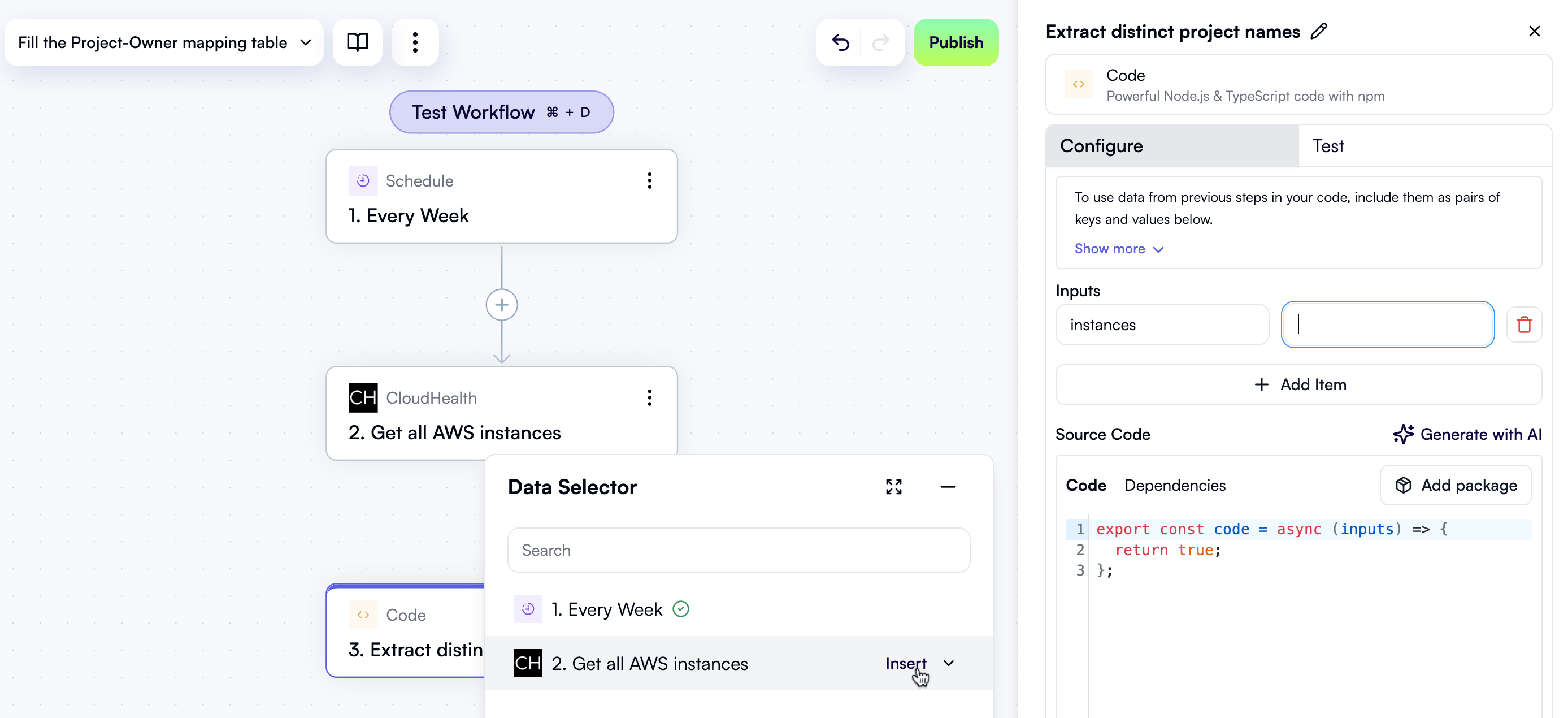 Selecting an input for a code action