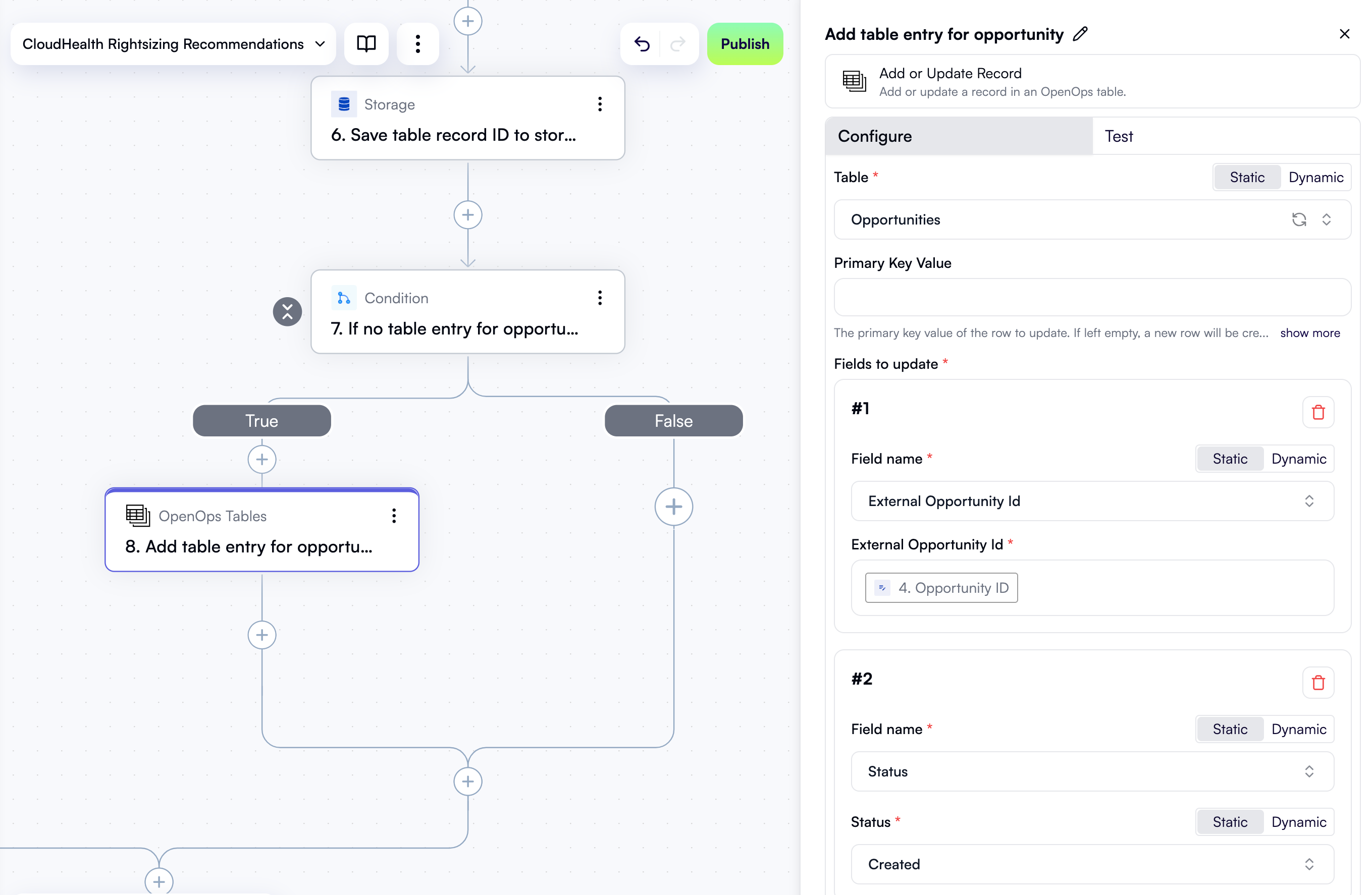 A configured step to add a table entry