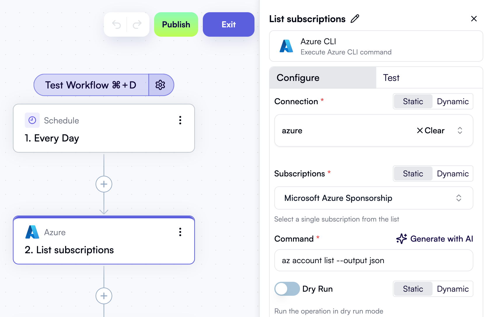 An Azure CLI action to get the list of subscriptions