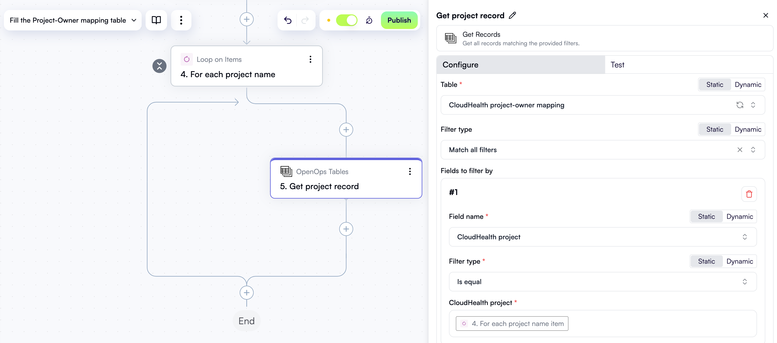 A configured step to search the table for a project name
