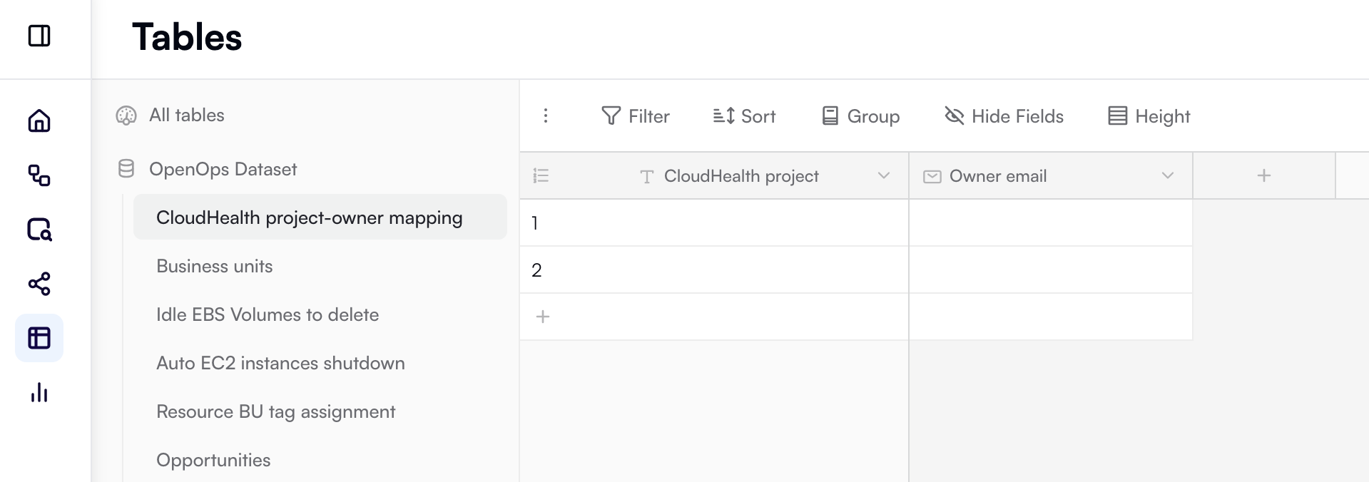 A ready-to-use project-owner mapping table