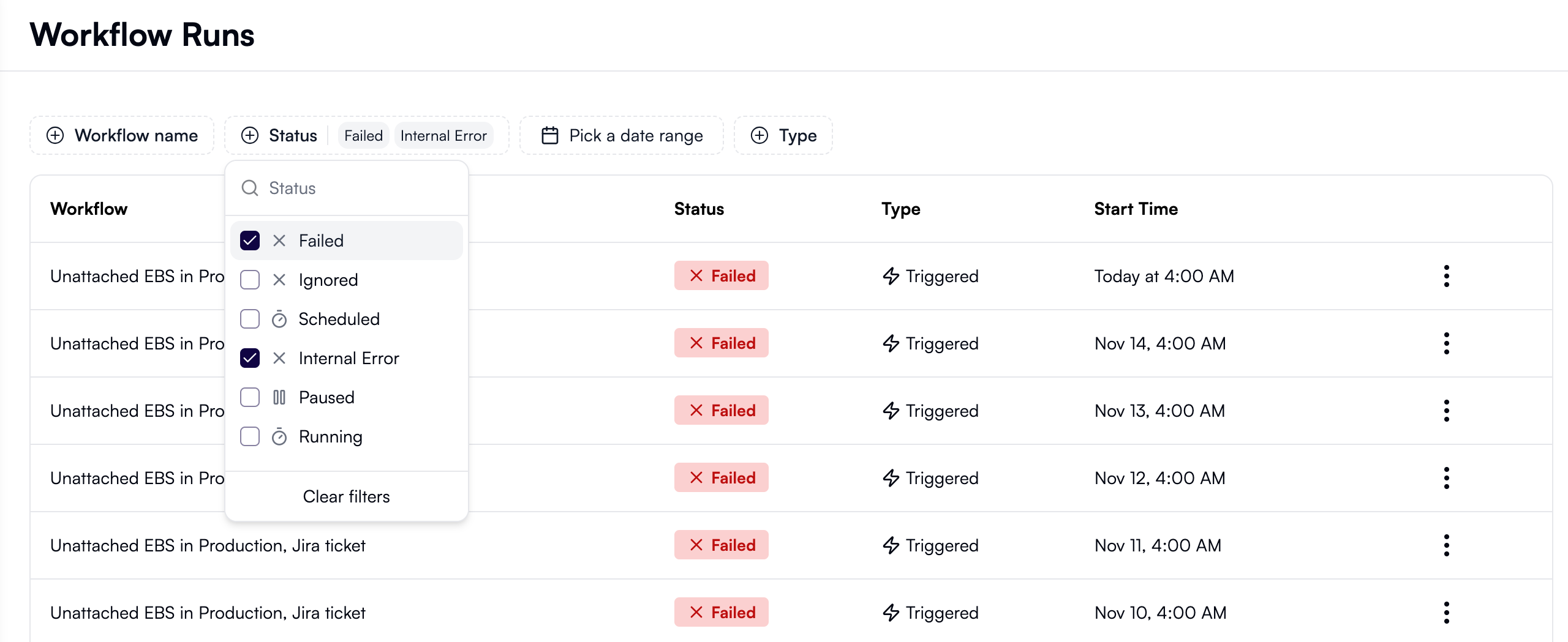 Workflow runs with filters applied