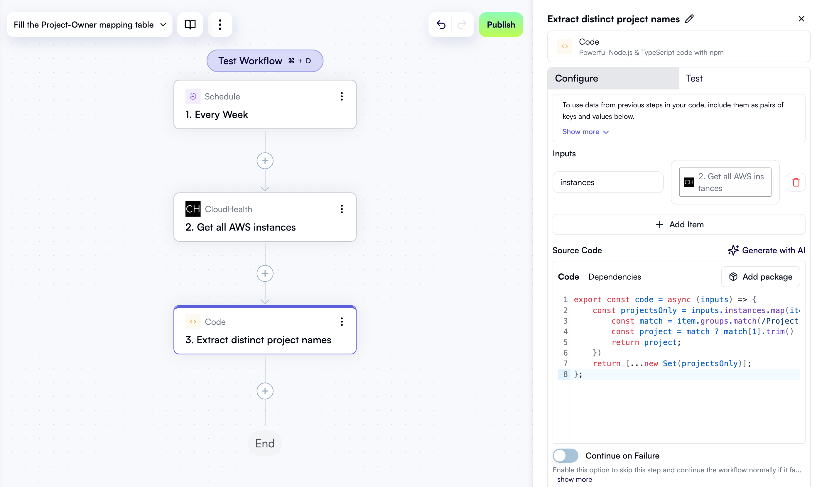 A configured custom code step