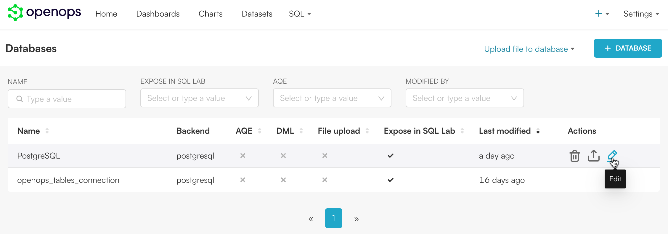 Editing a database connection