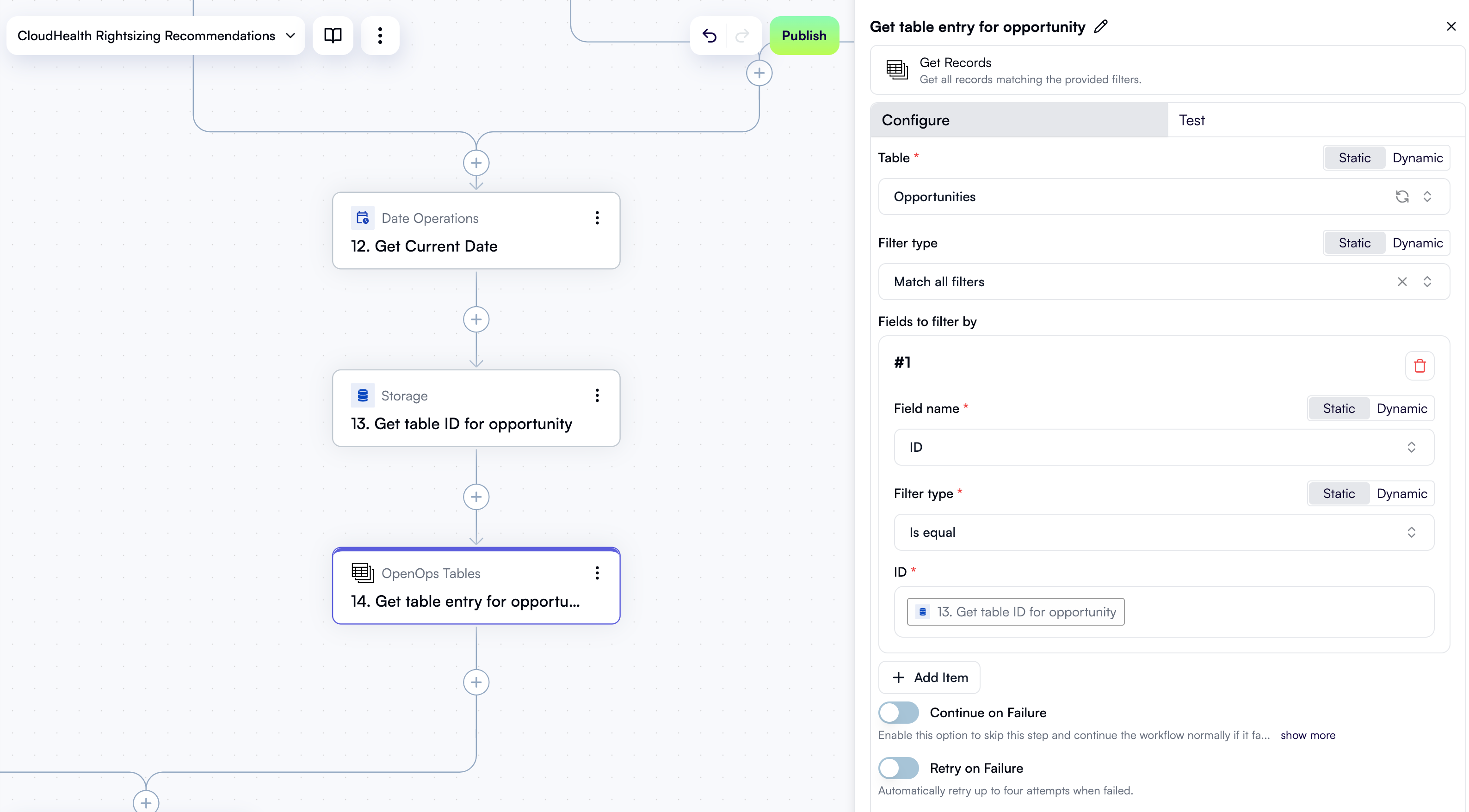 A configured step to read a table record