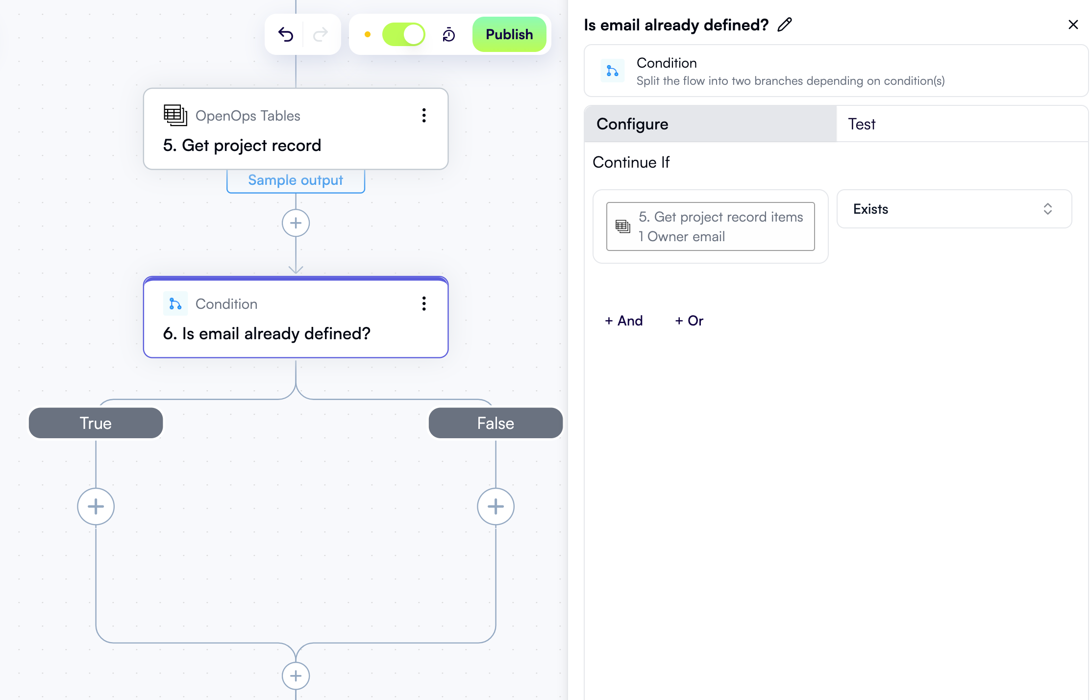 A configured step to determine if an email is already defined
